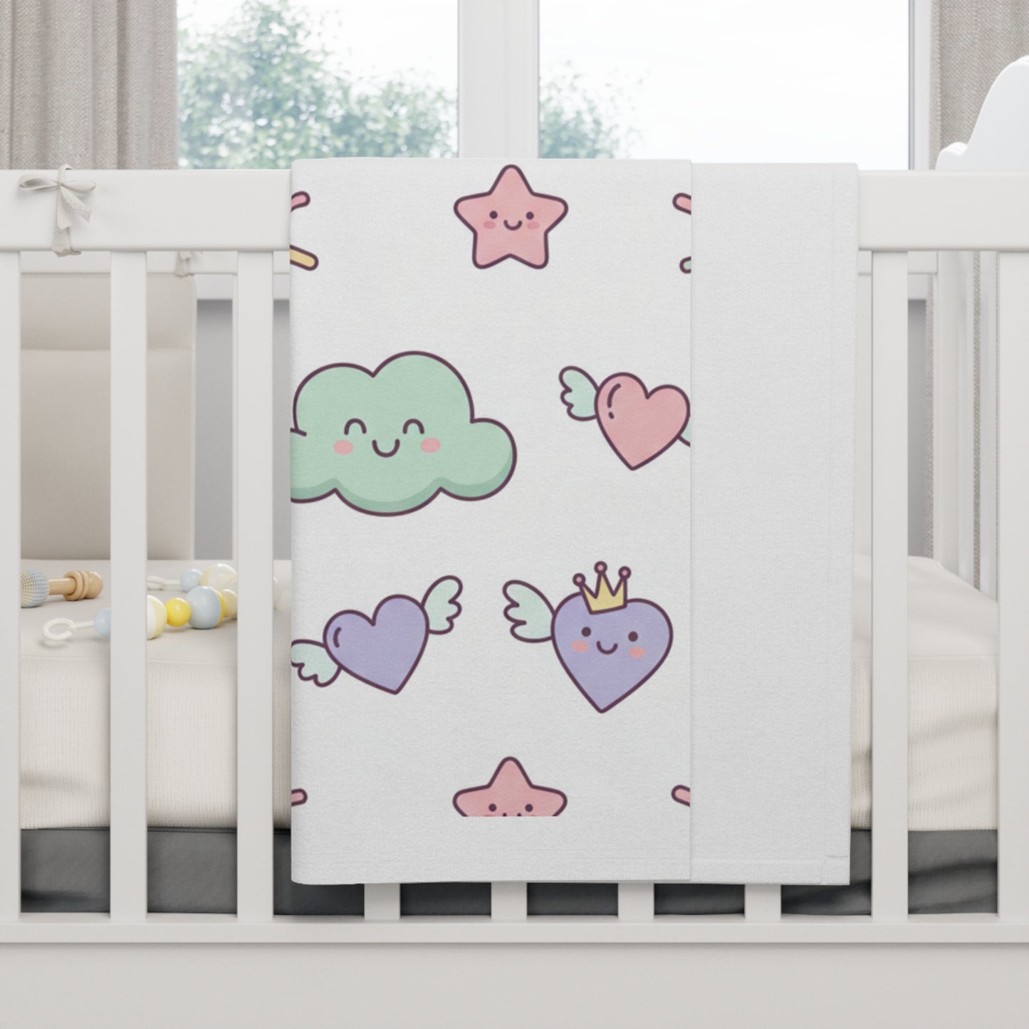 Soft Baby Blanket – Pastel Clouds & Stars Plush Nursery Throw for Newborns 30" × 40" White