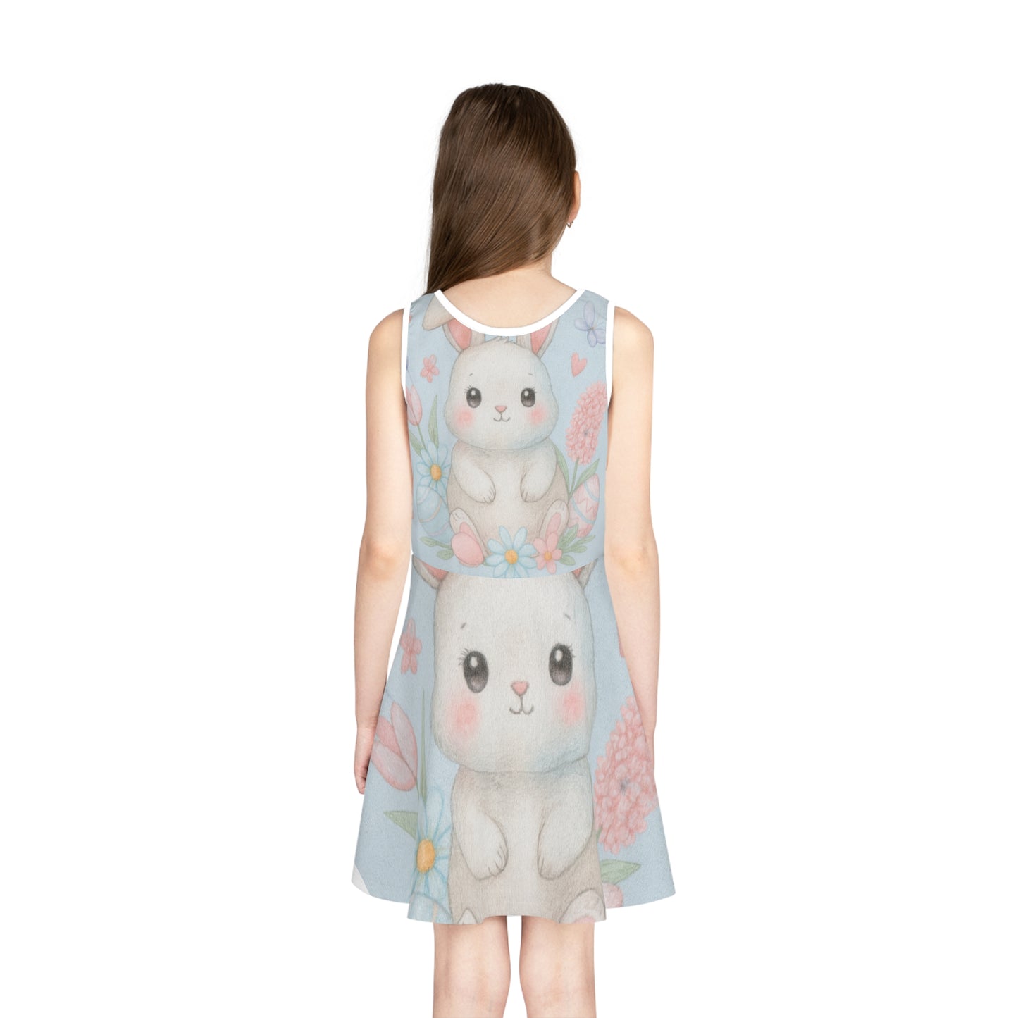 Girls Cute Bunny Floral Sundress – Sleeveless Easter Dress for Toddlers & Kids | Spring Garden Party Seam thread color automatically matched to design