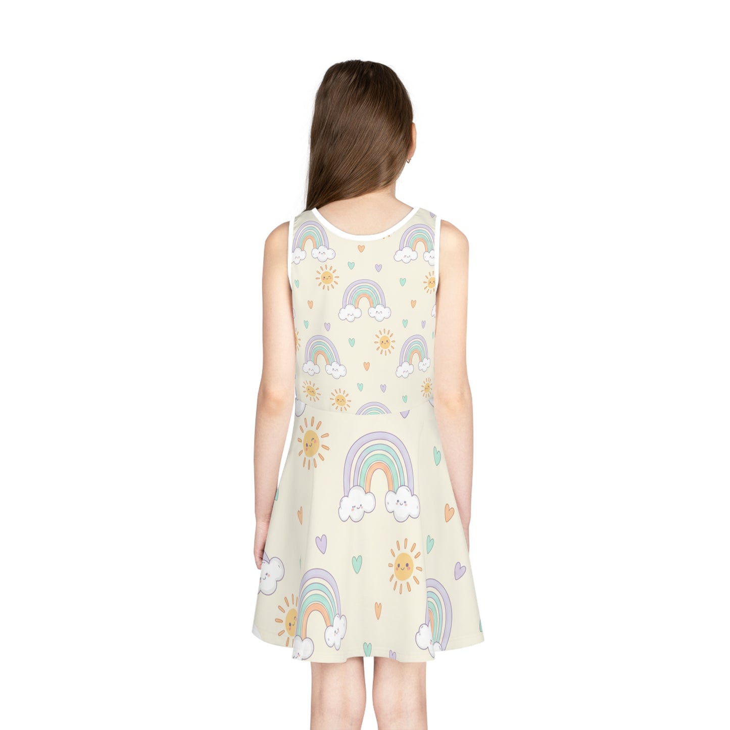 Girls Rainbow Sundress – Cute Kids Pastel Sun & Clouds Twirl Dress for Toddlers & Little Girls Seam thread color automatically matched to design