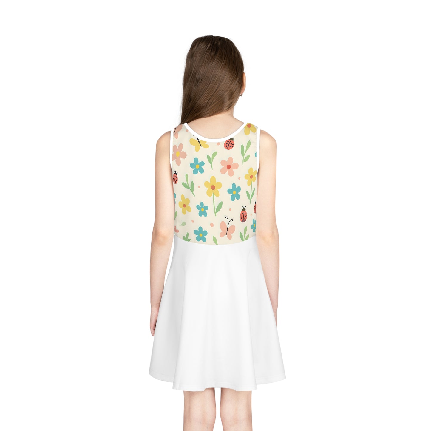 Girls’ Floral Ladybug Sundress – Sleeveless Twirl Dress for Spring & Summer | Garden Party Kids Dress Seam thread color automatically matched to design