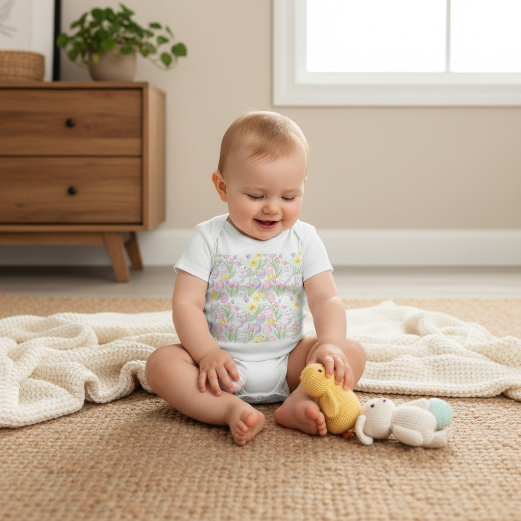 Organic Cotton Easter Baby Bodysuit – Cute Watercolour Bunny & Chicks Onesie for Baby's First Easter 12-18m
