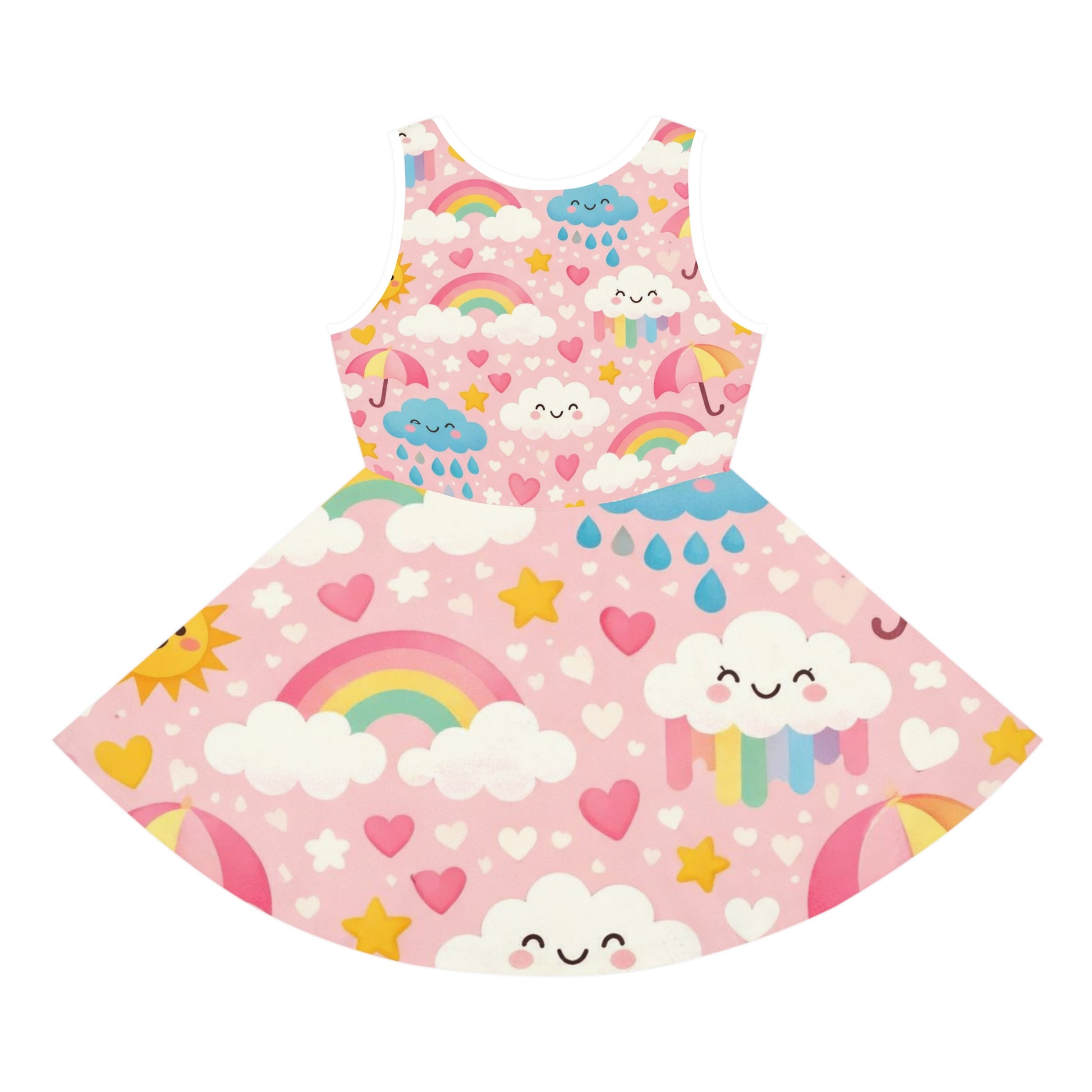 Girls Rainbow Cloud Sundress – Cute Kids Pink Kawaii Summer Dress for Toddlers & Little Girls Seam thread color automatically matched to design