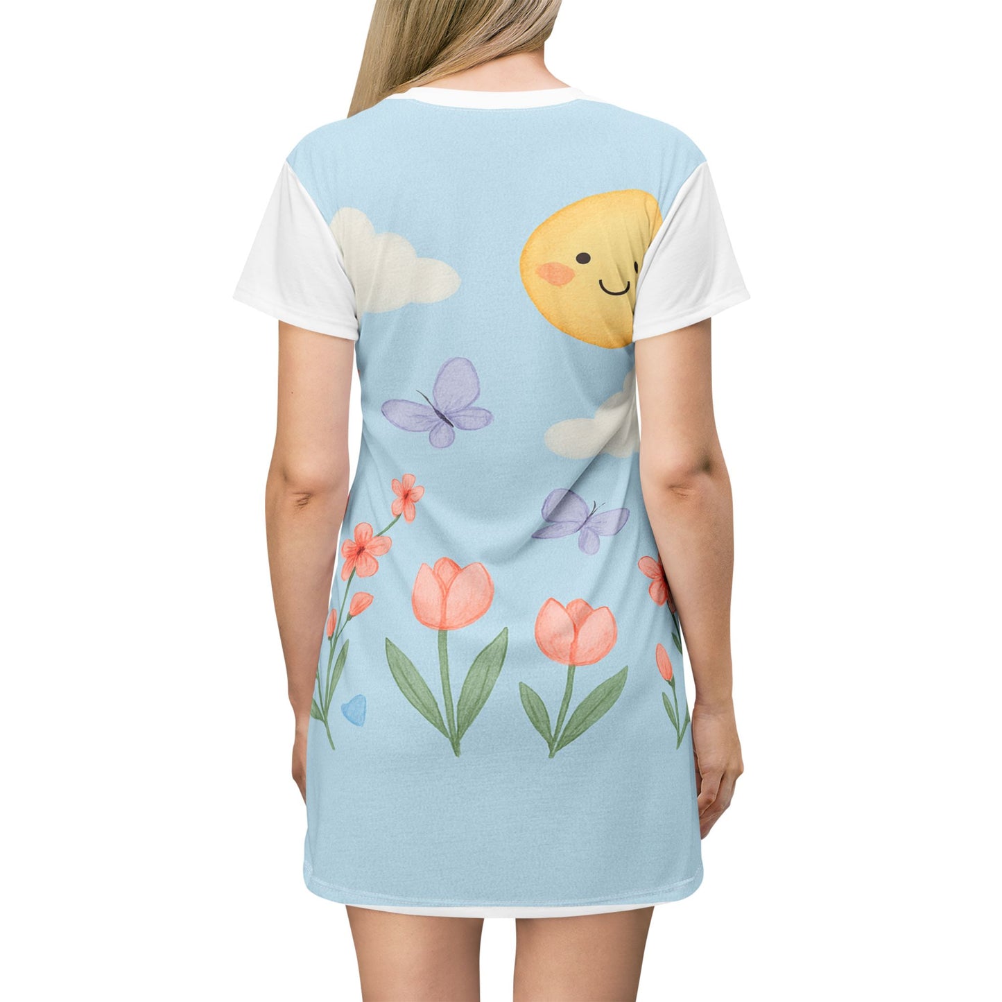 Sunny Spring Floral T‑Shirt Dress – Cute Sun, Butterflies & Tulips All-Over Print | Light Spring & Summer Dress