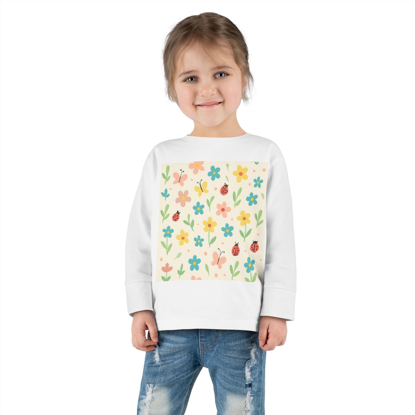 Toddler Long Sleeve Tee – Cute Spring Floral & Ladybug Pattern | Soft Cotton Kids Top for Everyday Wear White