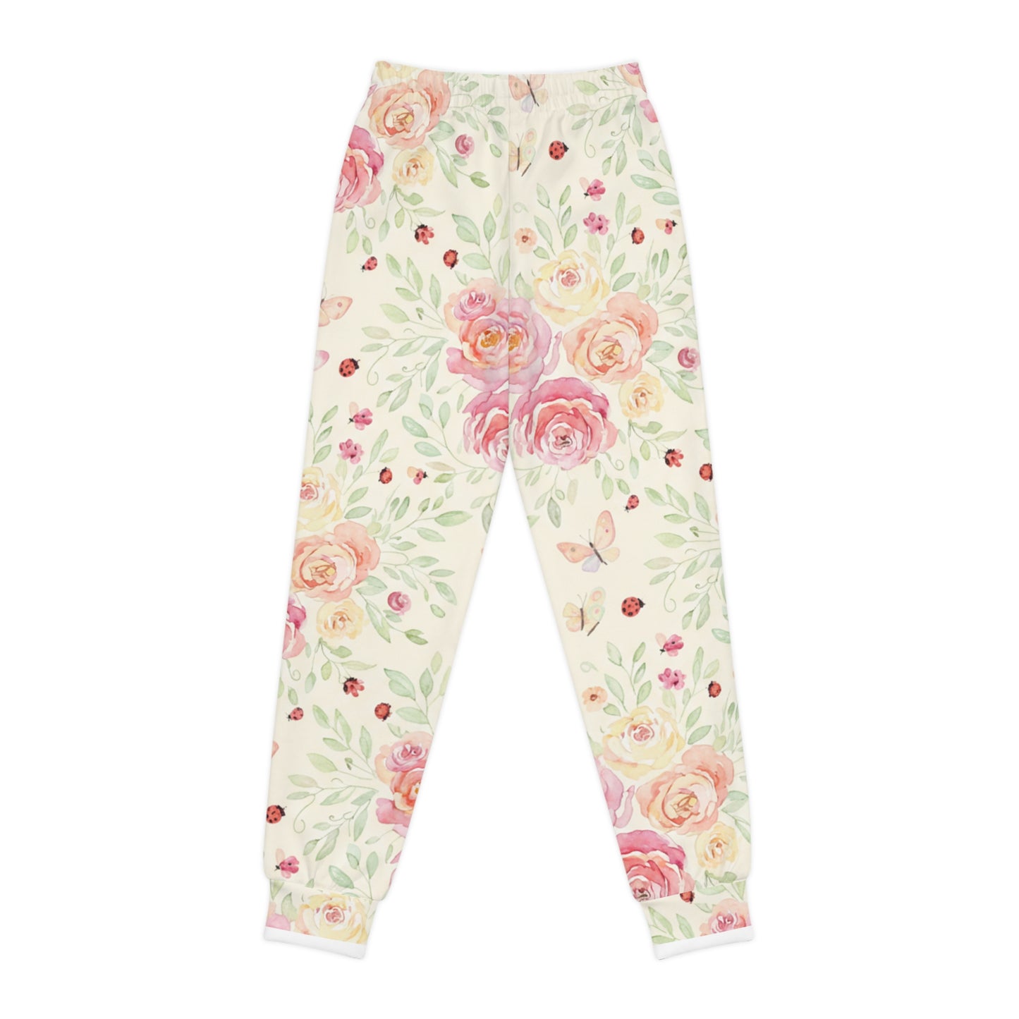 Girls Floral Joggers – Watercolor Roses & Ladybugs All-Over Print Kids Pants for Spring & Play