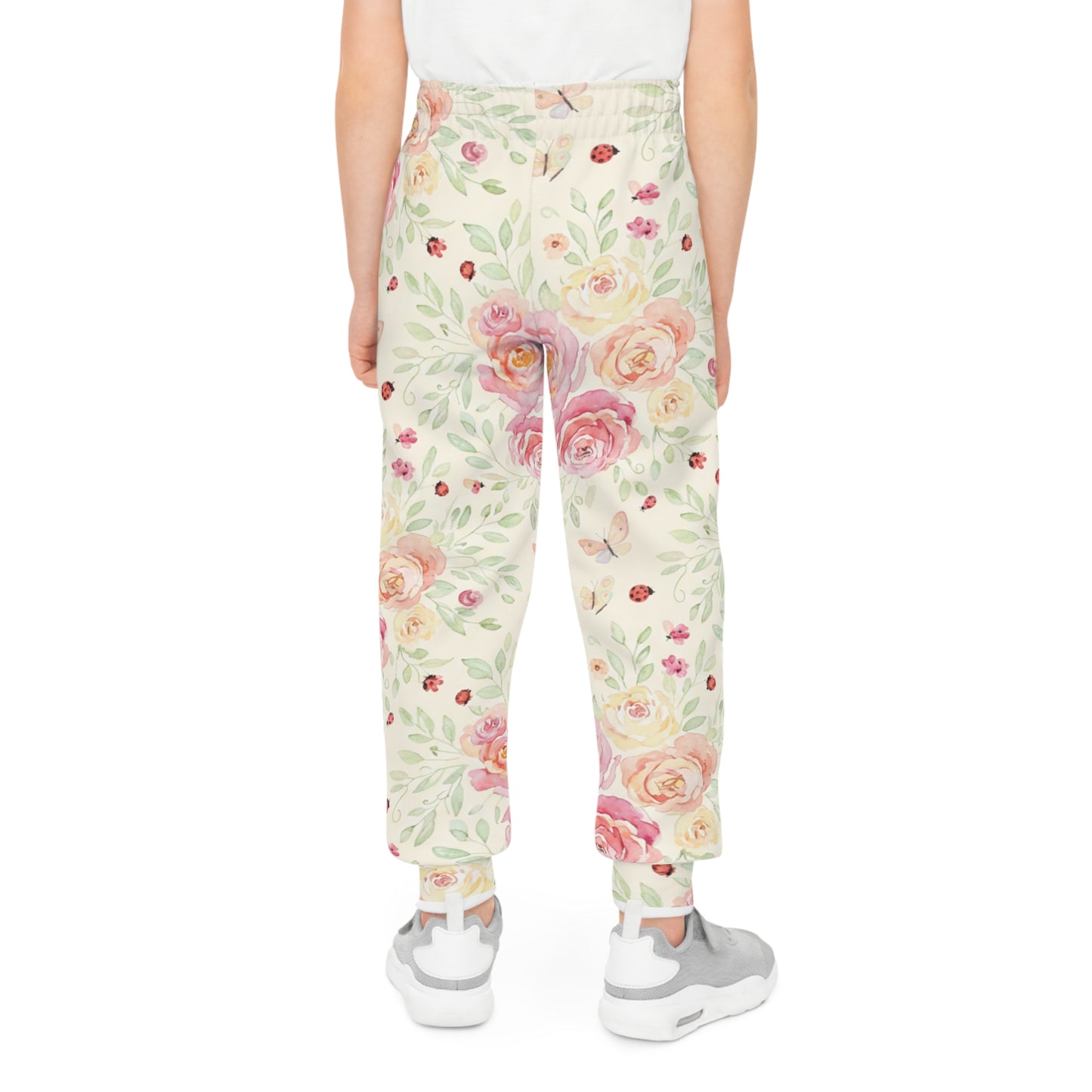 Girls Floral Joggers – Watercolor Roses & Ladybugs All-Over Print Kids Pants for Spring & Play