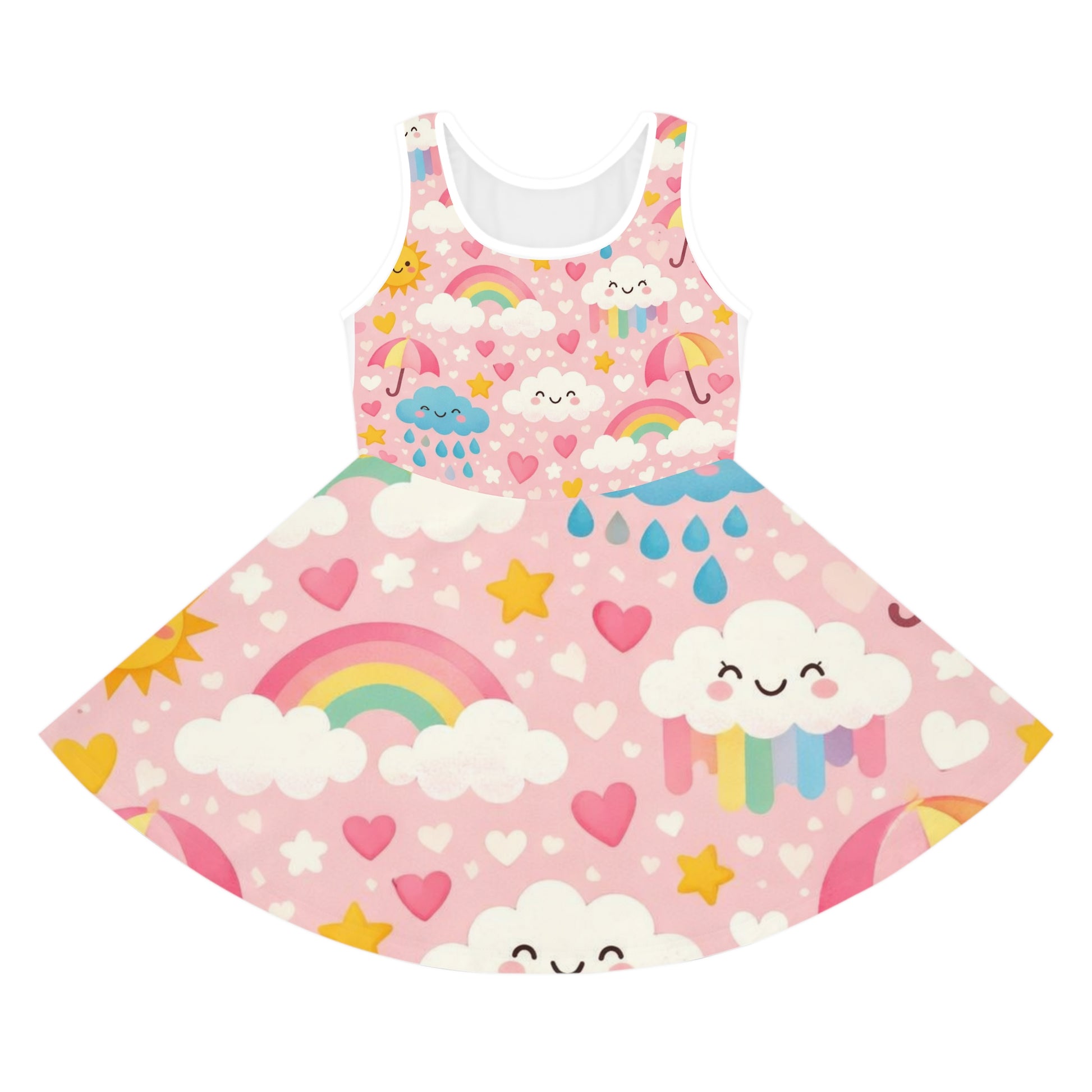 Girls Rainbow Cloud Sundress – Cute Kids Pink Kawaii Summer Dress for Toddlers & Little Girls Seam thread color automatically matched to design