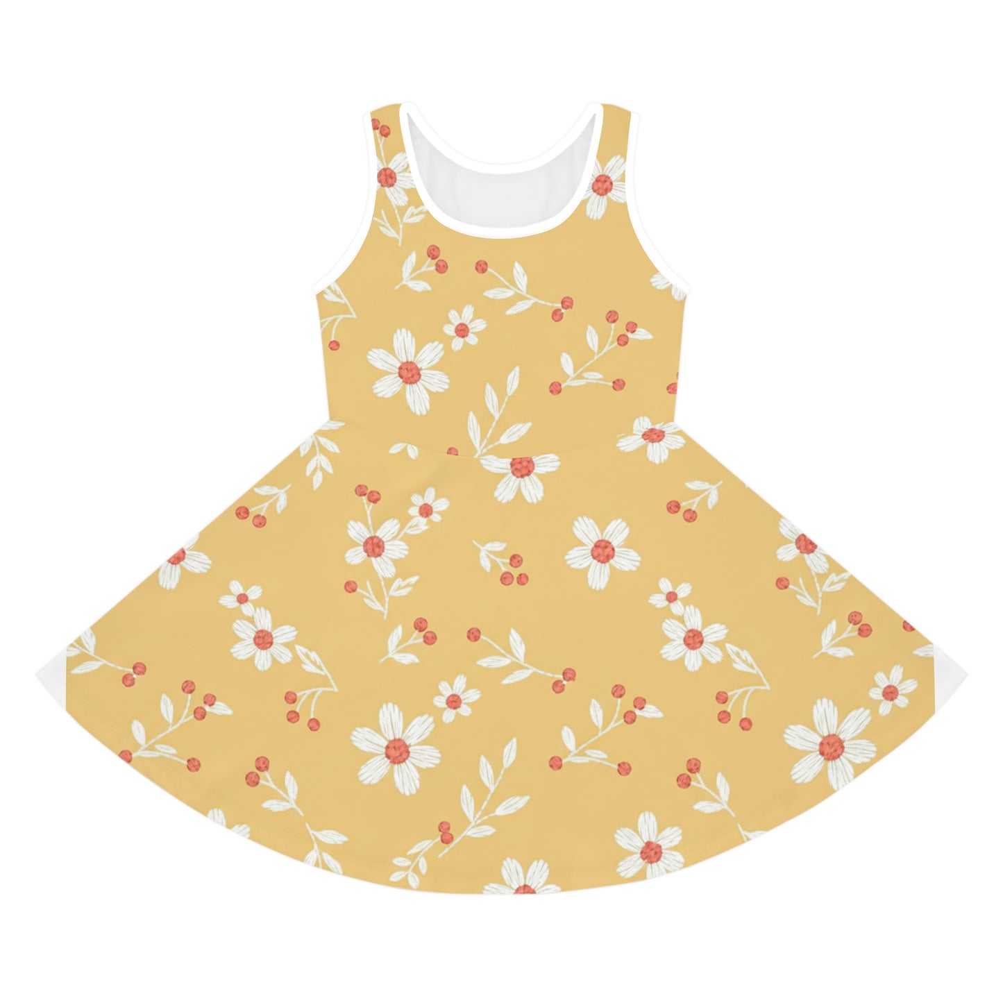 Girls Yellow Daisy Sundress – Cute Kids Sleeveless Twirl Dress for Summer & Playdates Seam thread color automatically matched to design