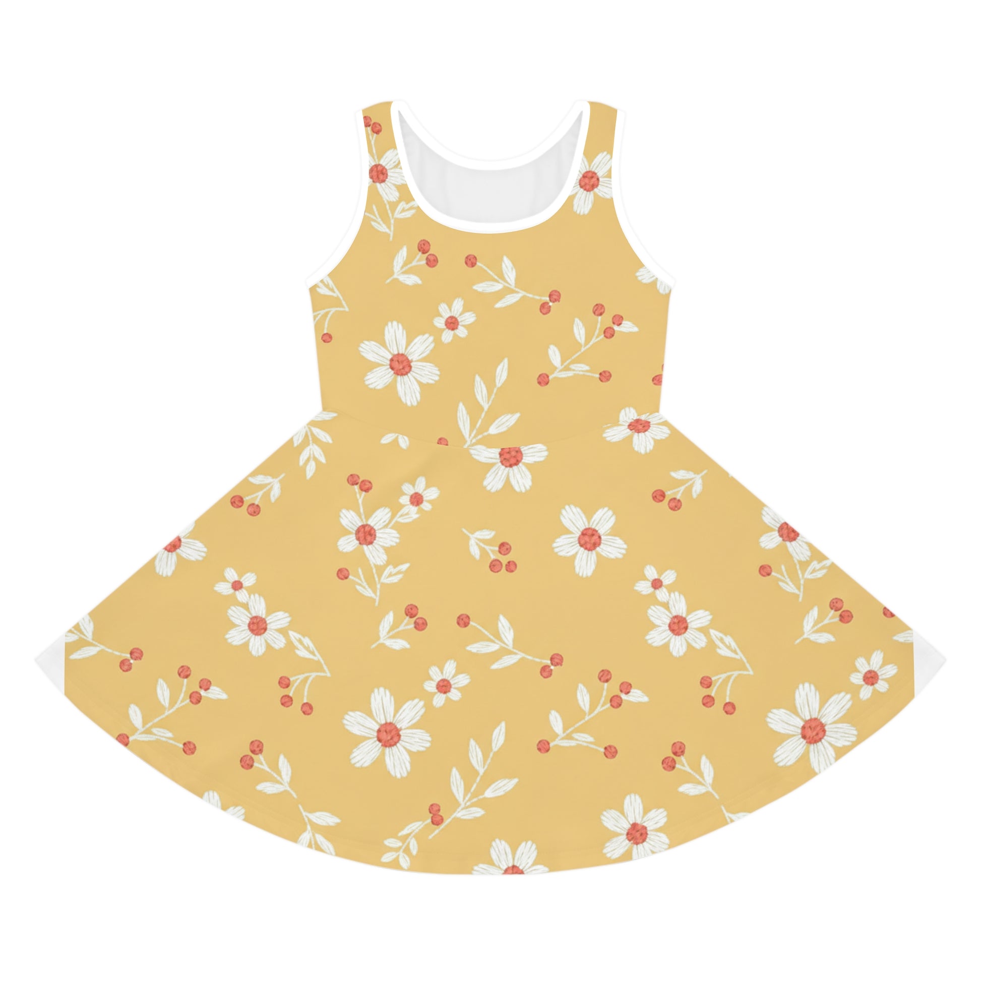Girls Yellow Daisy Sundress – Cute Kids Sleeveless Twirl Dress for Summer & Playdates Seam thread color automatically matched to design