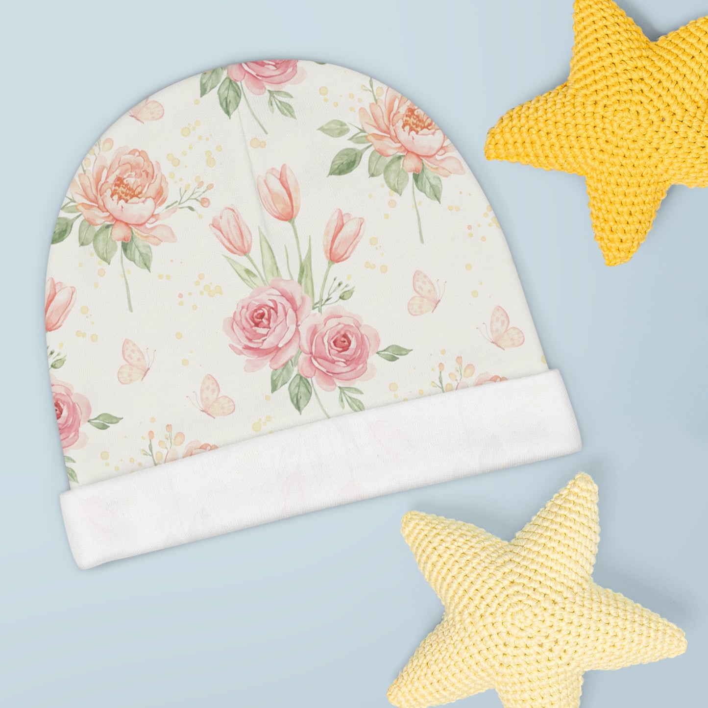 Floral Baby Beanie – Pink Watercolor Roses & Tulips Newborn Hat for Girls One size White