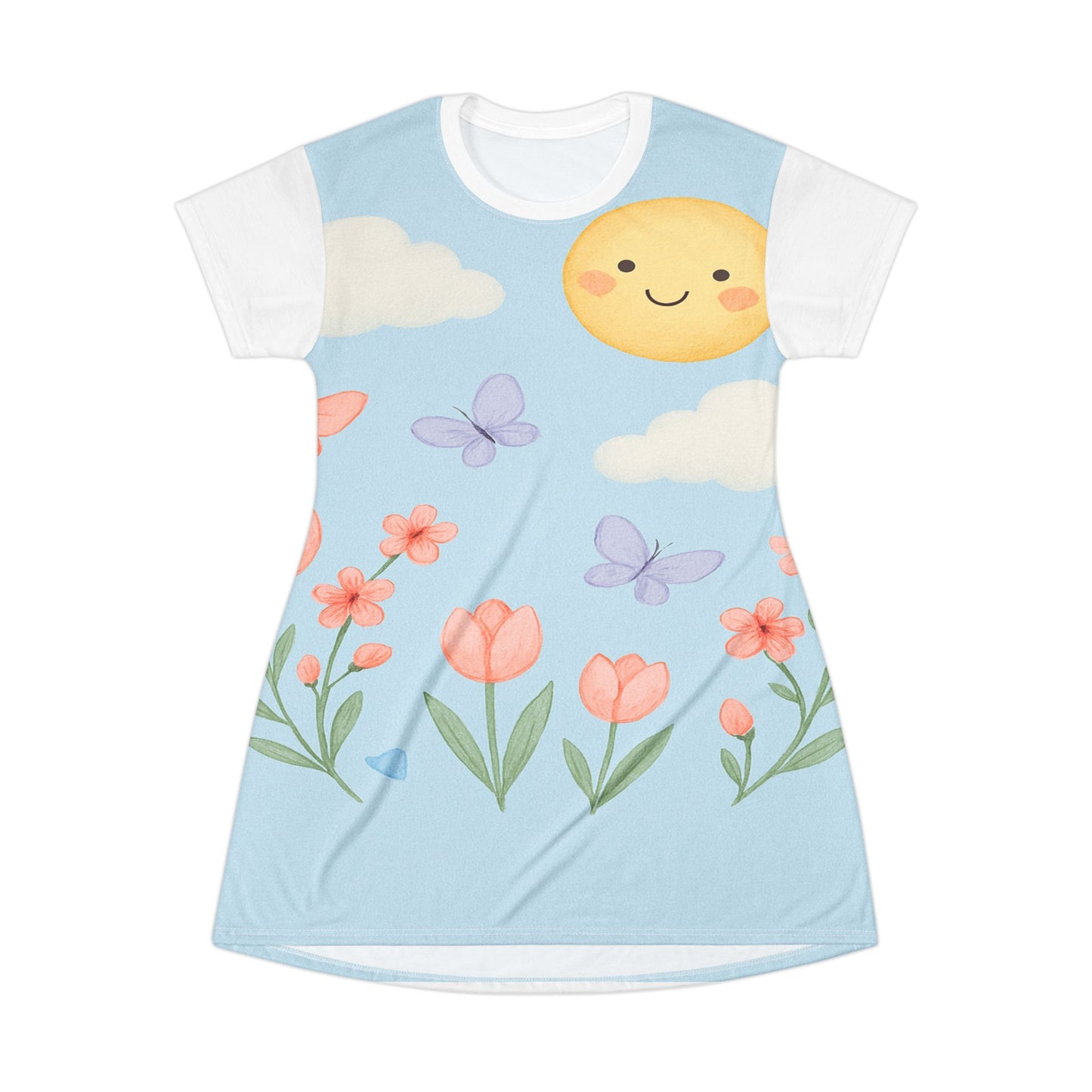 Sunny Spring Floral T‑Shirt Dress – Cute Sun, Butterflies & Tulips All-Over Print | Light Spring & Summer Dress