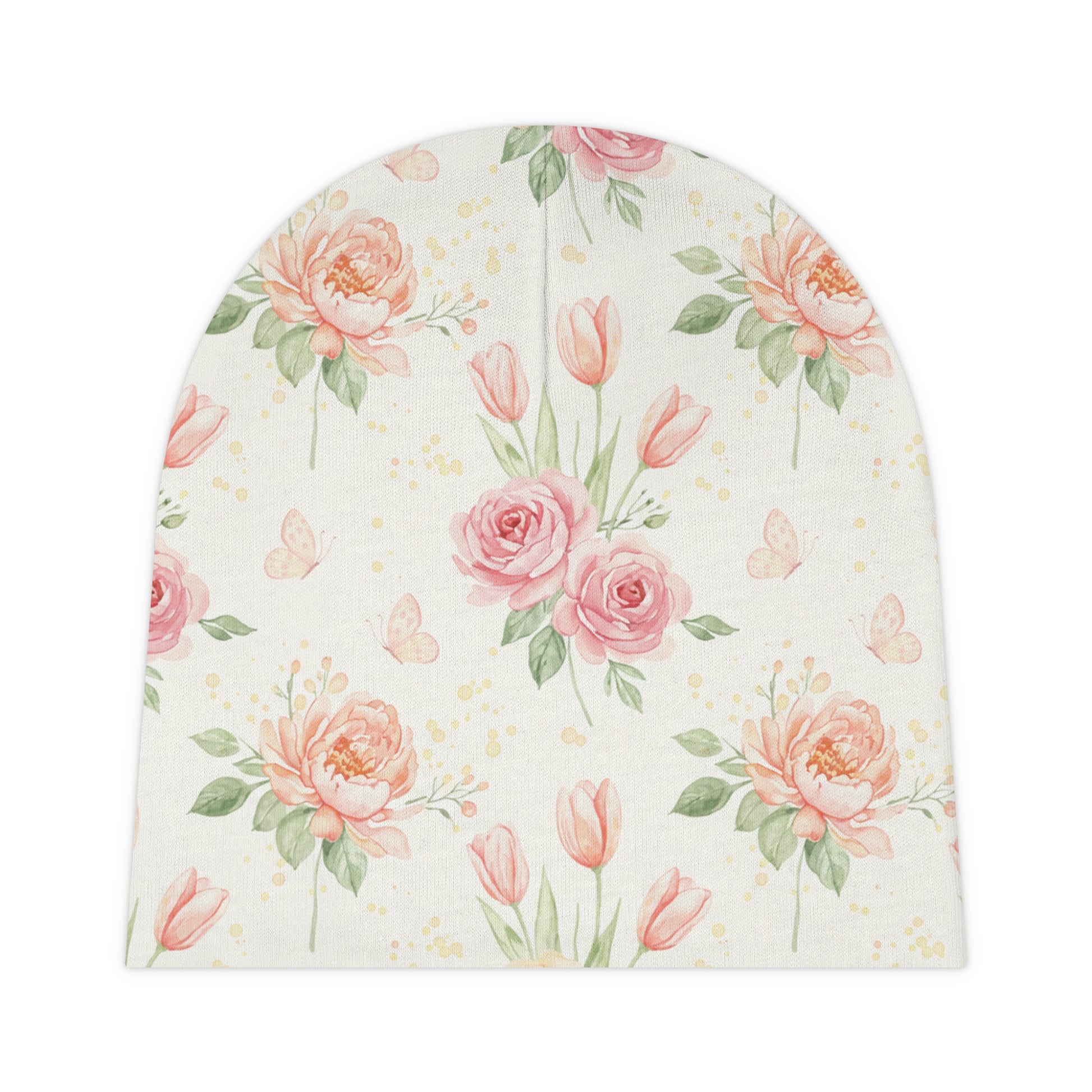 Floral Baby Beanie – Pink Watercolor Roses & Tulips Newborn Hat for Girls One size White
