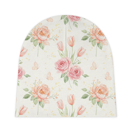 Floral Baby Beanie – Pink Watercolor Roses & Tulips Newborn Hat for Girls One size White