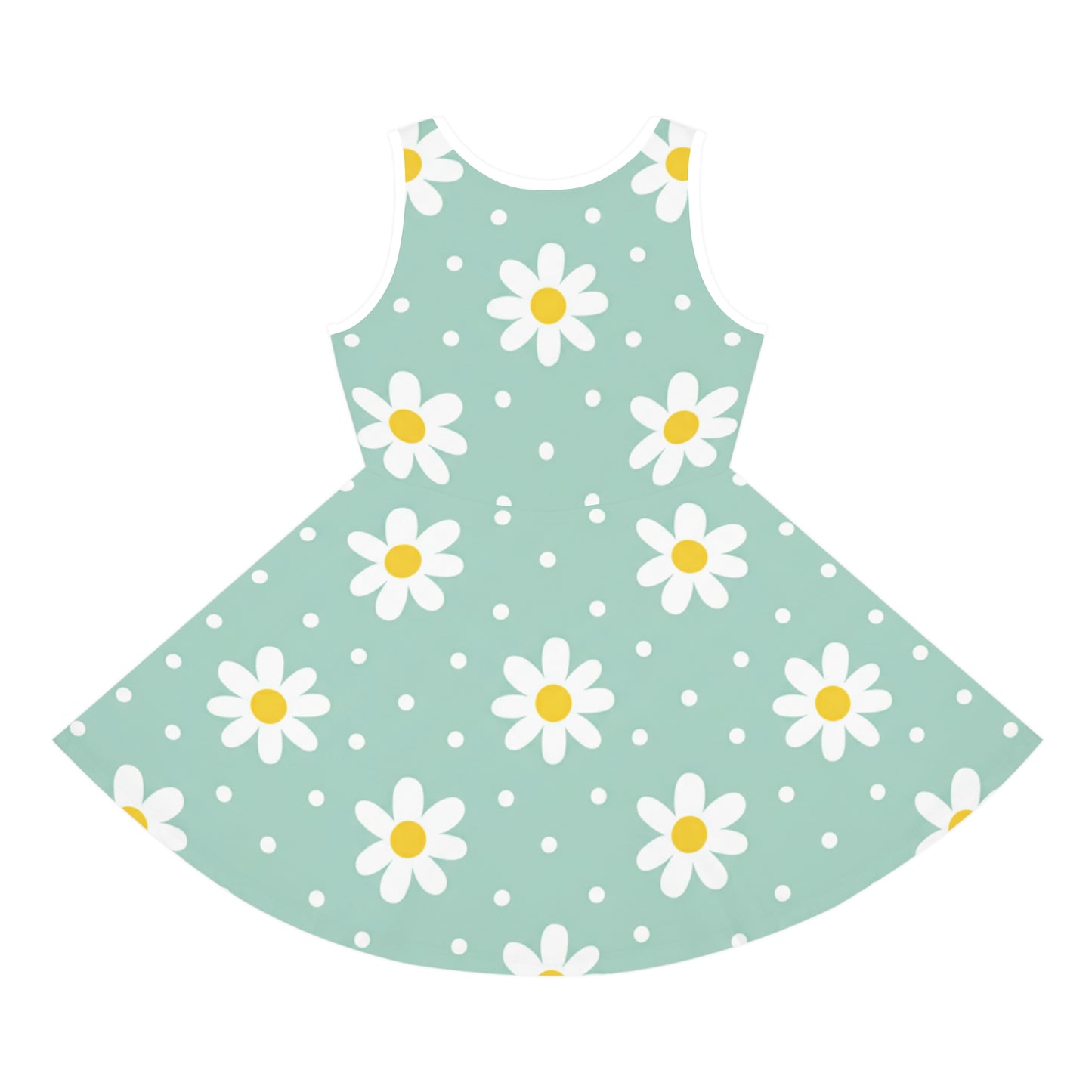 Girls Mint Daisy Polka Dot Sundress – Cute Kids Sleeveless Floral Dress for Summer Seam thread color automatically matched to design