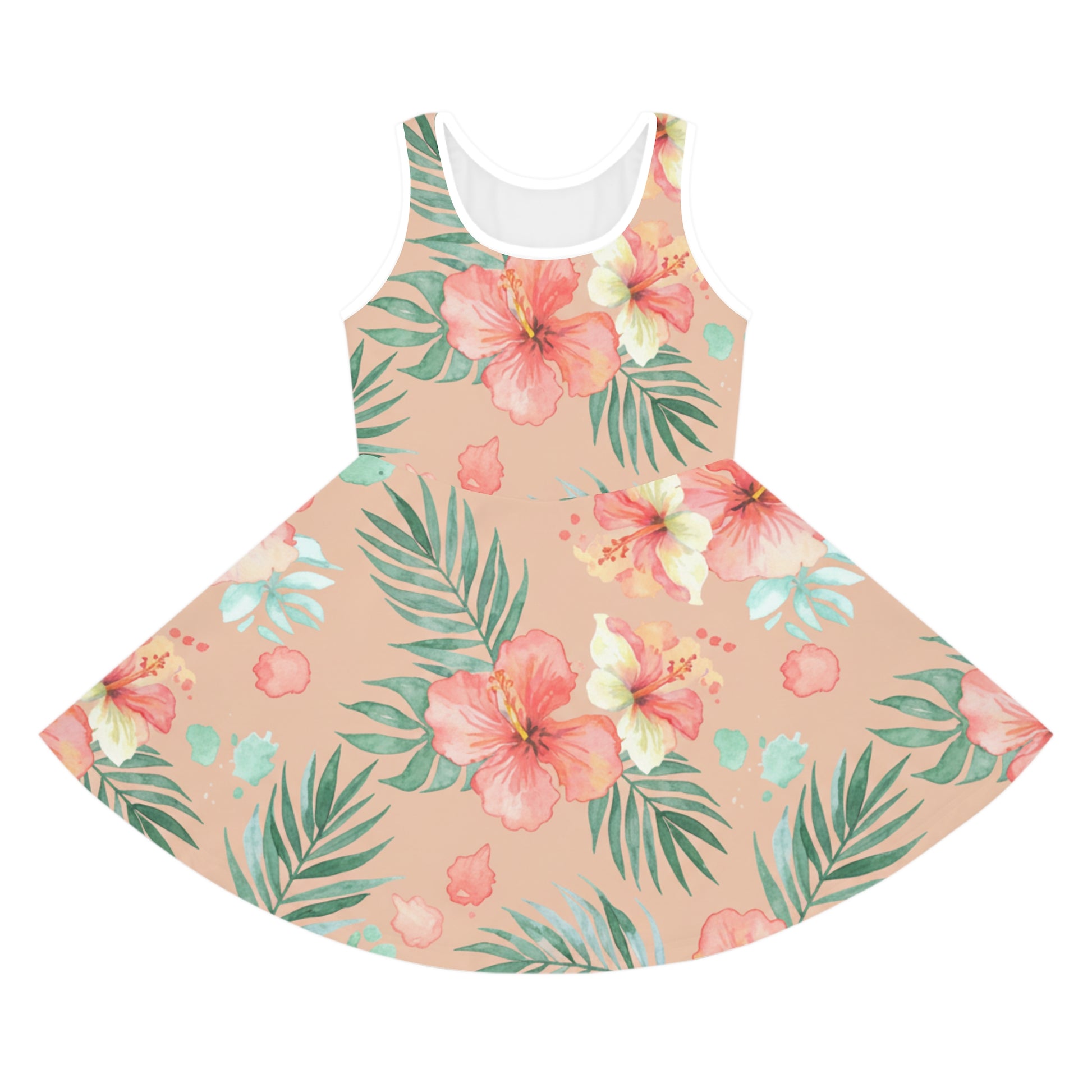 Girls Pink Hibiscus Sundress – Cute Kids Sleeveless Tropical Dress for Summer & Beach Seam thread color automatically matched to design