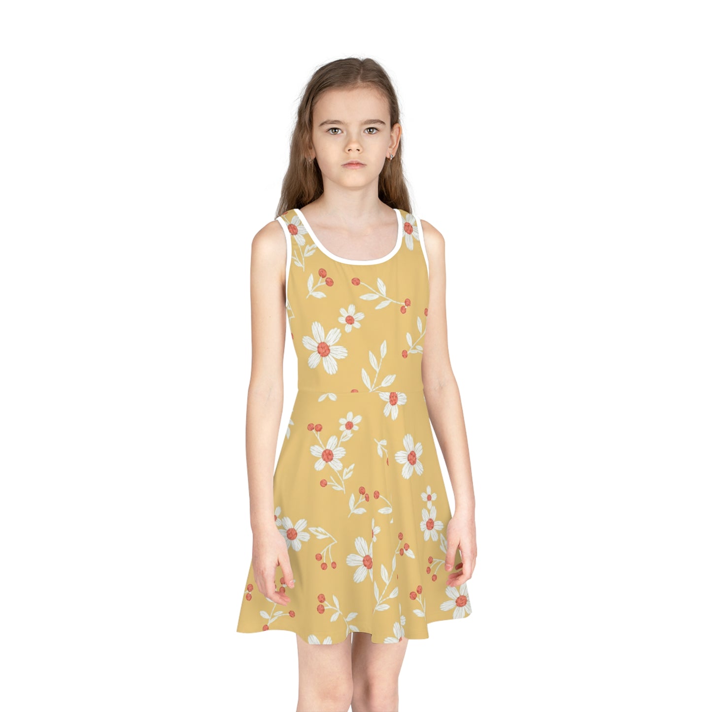 Girls Yellow Daisy Sundress – Cute Kids Sleeveless Twirl Dress for Summer & Playdates Seam thread color automatically matched to design
