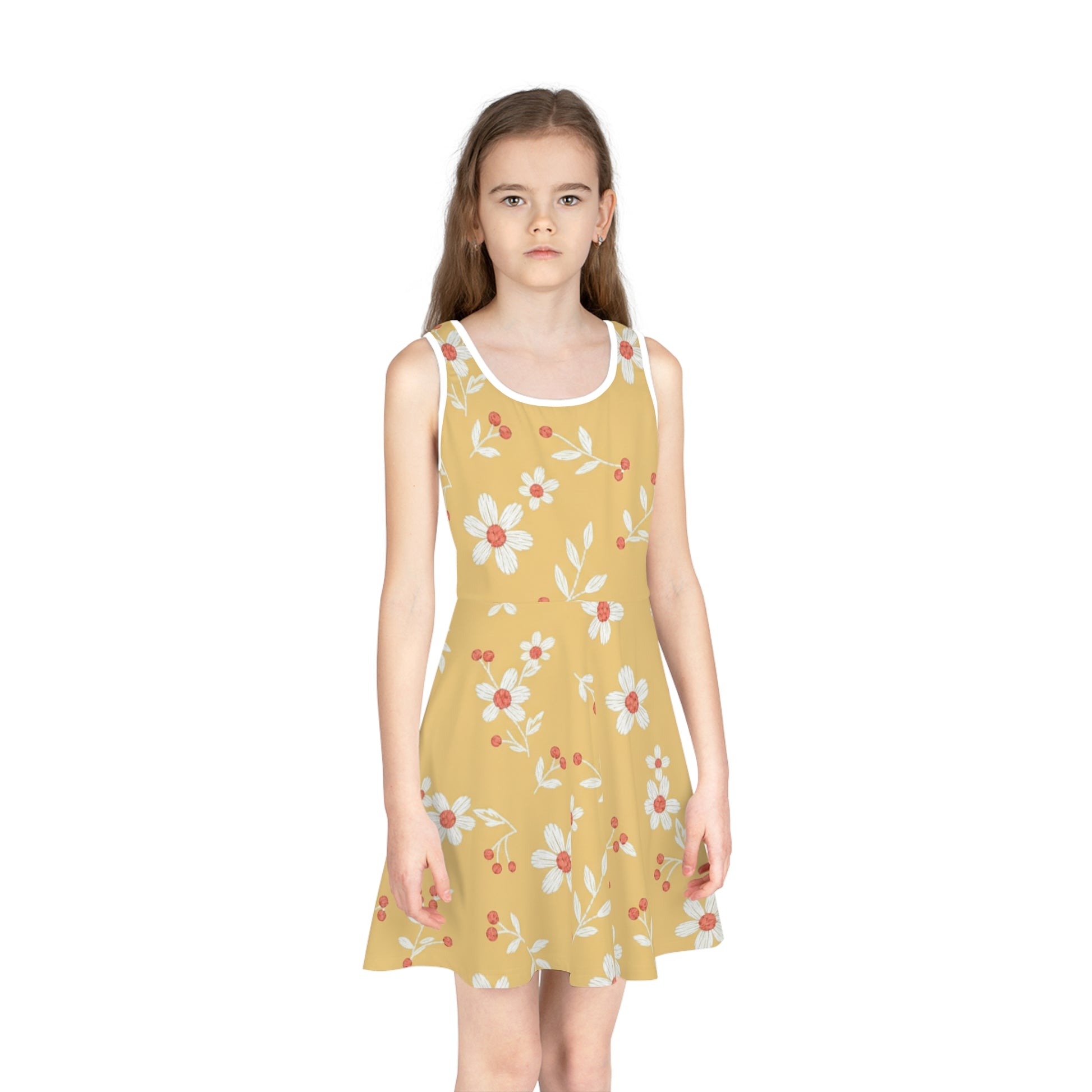 Girls Yellow Daisy Sundress – Cute Kids Sleeveless Twirl Dress for Summer & Playdates Seam thread color automatically matched to design