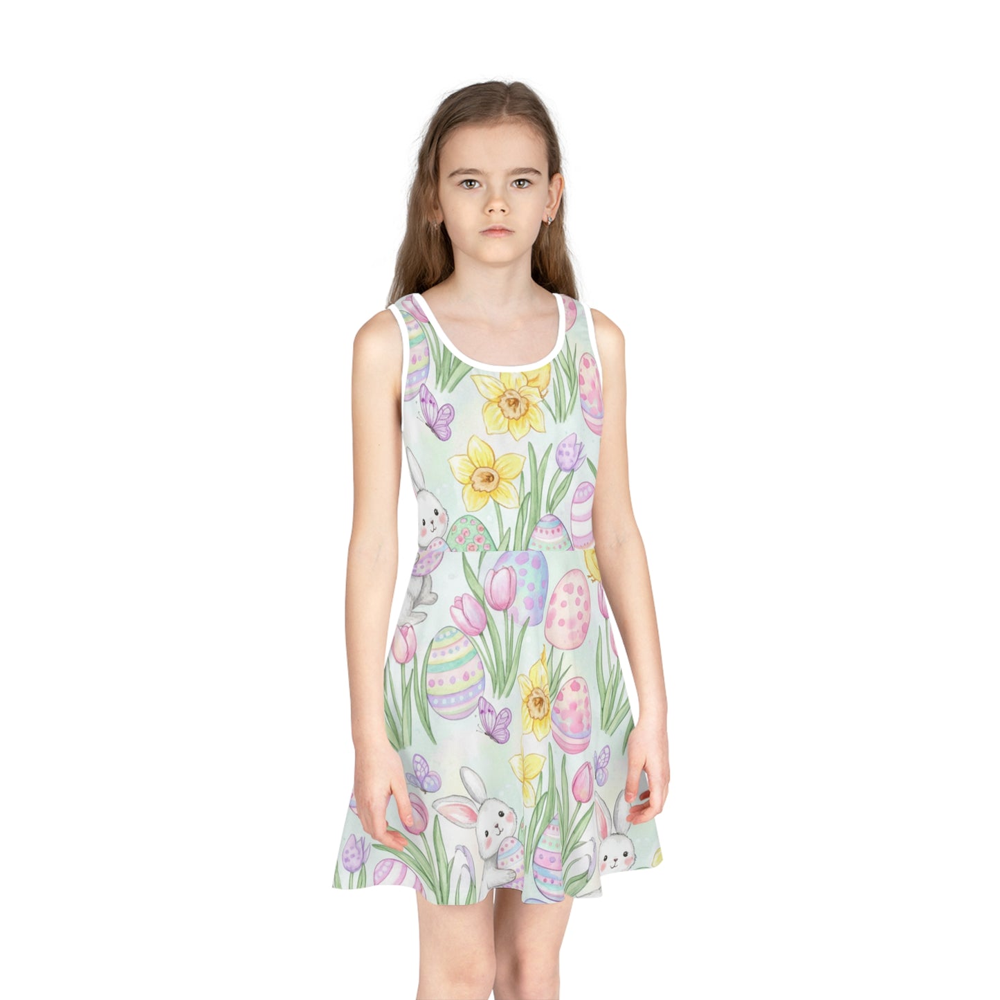 Girls Easter Bunny & Painted Eggs Sundress – Cute Kids Sleeveless Spring Dress with Tulips & Daffodils Seam thread color automatically matched to design