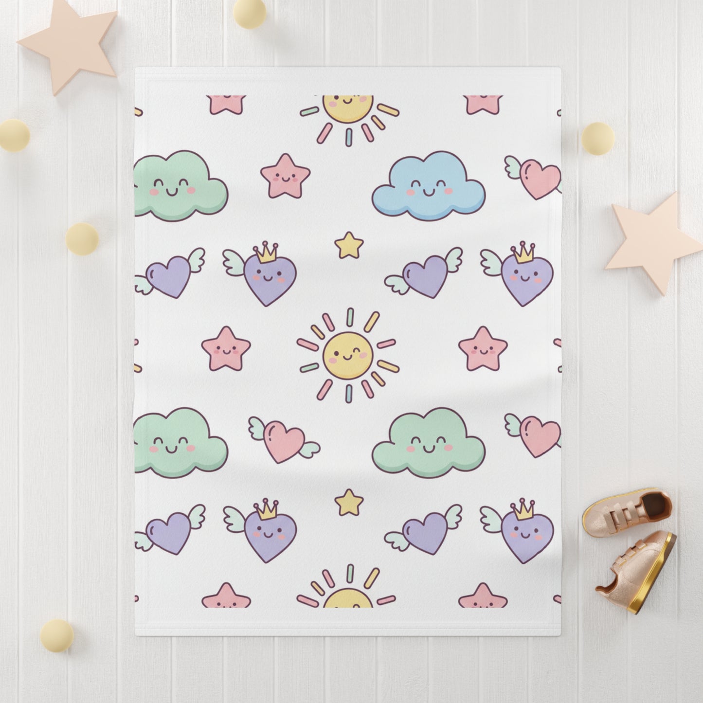 Soft Baby Blanket – Pastel Clouds & Stars Plush Nursery Throw for Newborns 30" × 40" White