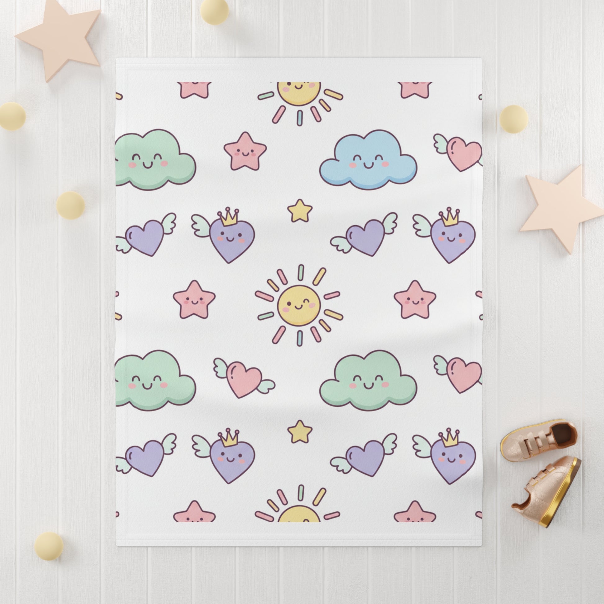 Soft Baby Blanket – Pastel Clouds & Stars Plush Nursery Throw for Newborns 30" × 40" White