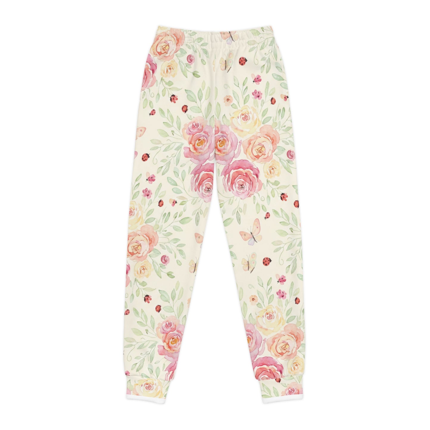 Girls Floral Joggers – Watercolor Roses & Ladybugs All-Over Print Kids Pants for Spring & Play