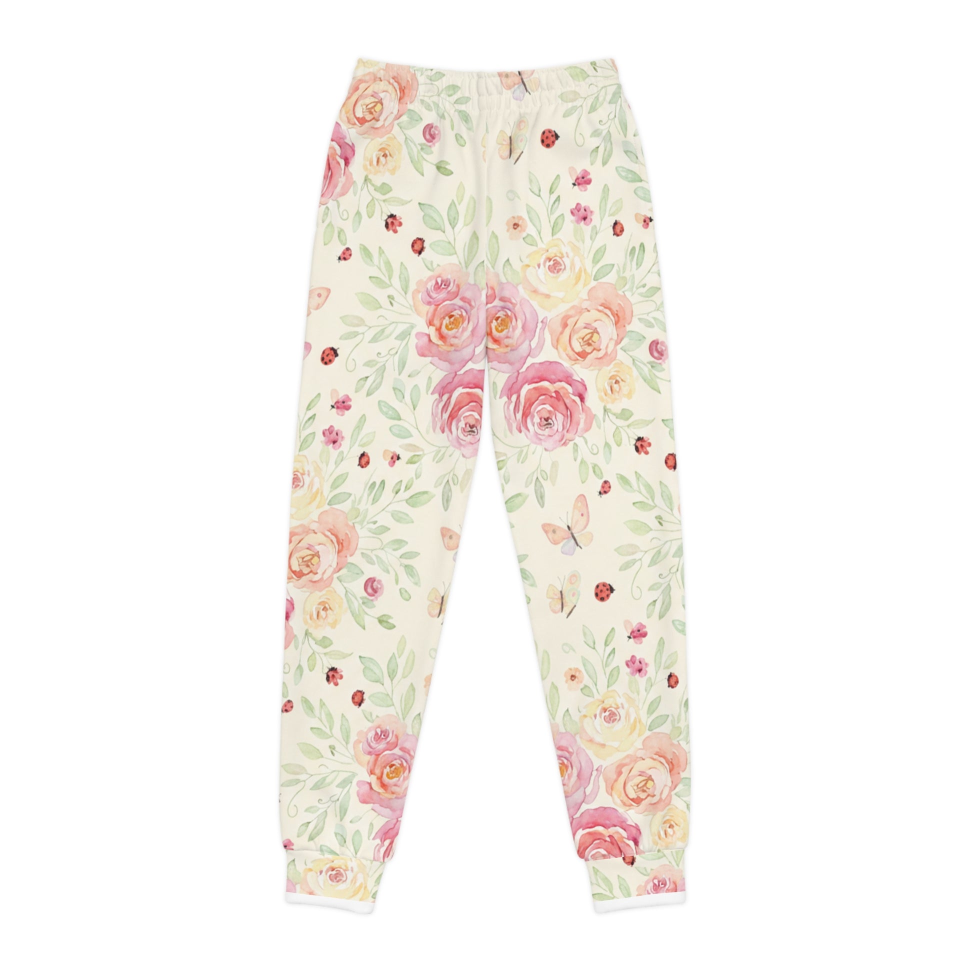 Girls Floral Joggers – Watercolor Roses & Ladybugs All-Over Print Kids Pants for Spring & Play