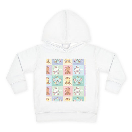 Toddler Hoodie – Cute Pastel Animal Patchwork Pullover for Boys & Girls | Soft Fleece Kids Sweatshirt White