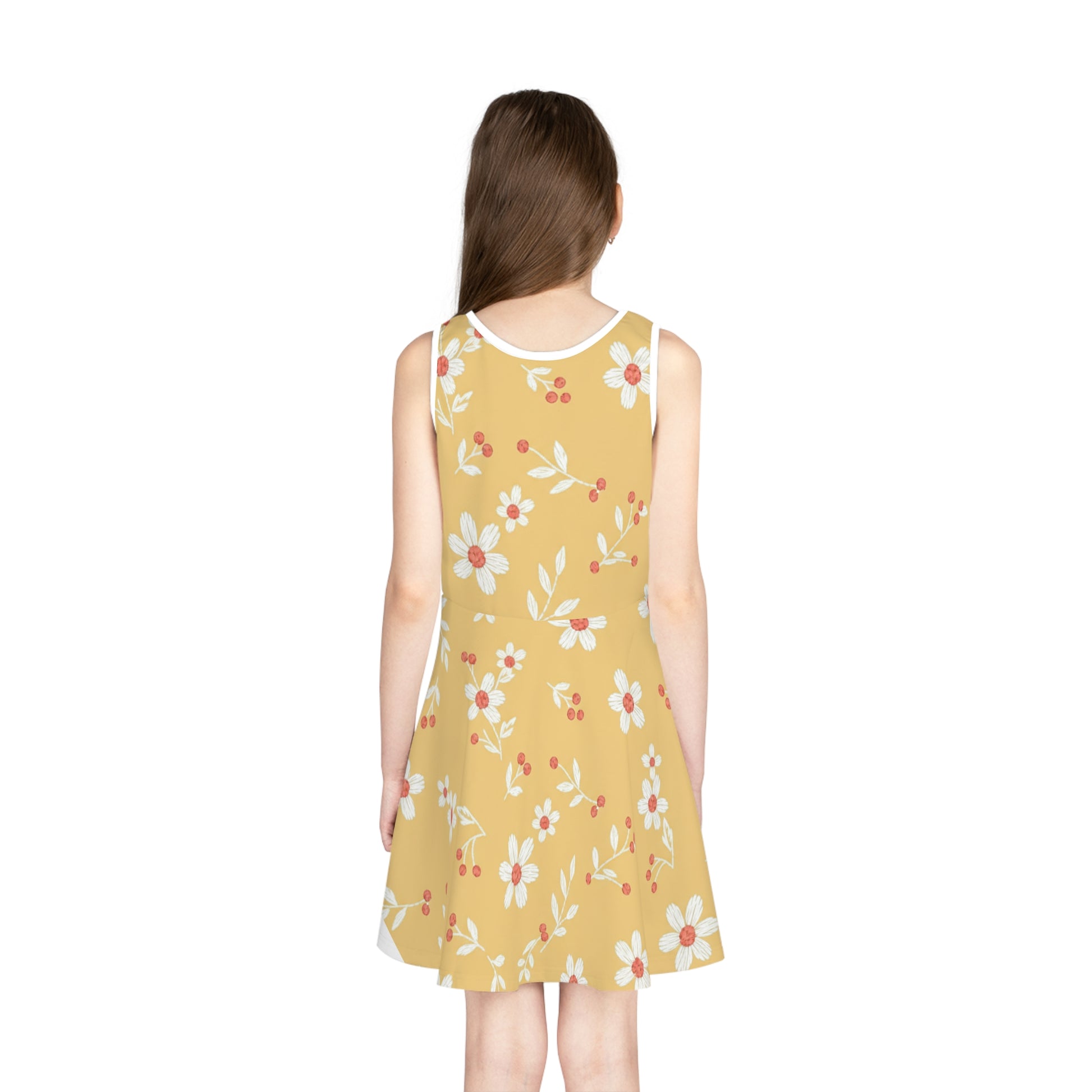 Girls Yellow Daisy Sundress – Cute Kids Sleeveless Twirl Dress for Summer & Playdates Seam thread color automatically matched to design
