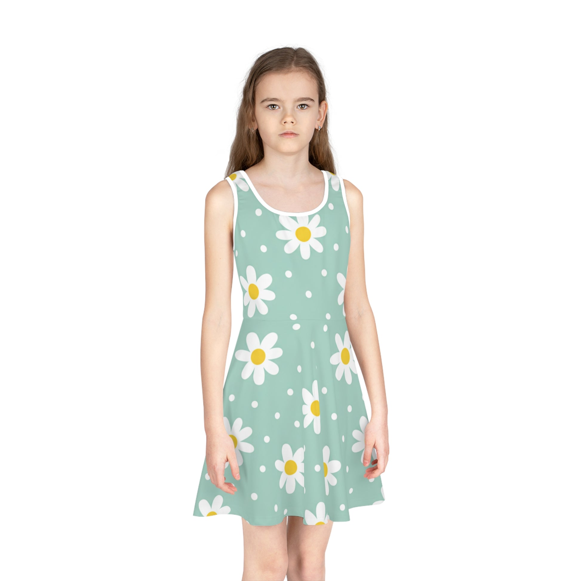 Girls Mint Daisy Polka Dot Sundress – Cute Kids Sleeveless Floral Dress for Summer Seam thread color automatically matched to design
