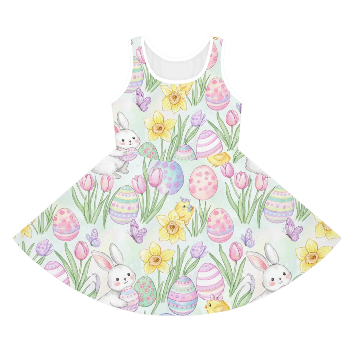 Girls Easter Bunny & Painted Eggs Sundress – Cute Kids Sleeveless Spring Dress with Tulips & Daffodils Seam thread color automatically matched to design