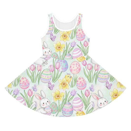 Girls Easter Bunny & Painted Eggs Sundress – Cute Kids Sleeveless Spring Dress with Tulips & Daffodils Seam thread color automatically matched to design