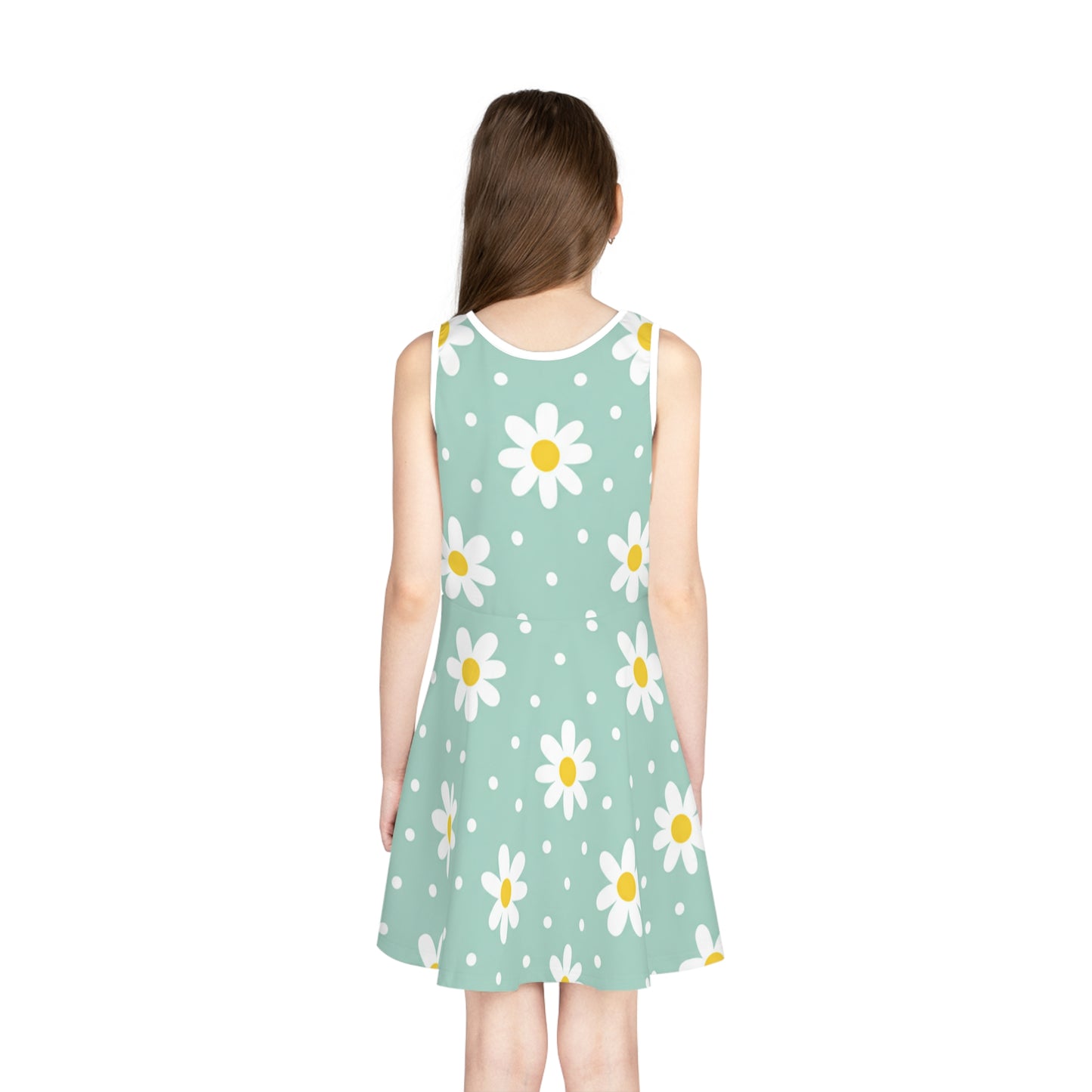 Girls Mint Daisy Polka Dot Sundress – Cute Kids Sleeveless Floral Dress for Summer Seam thread color automatically matched to design
