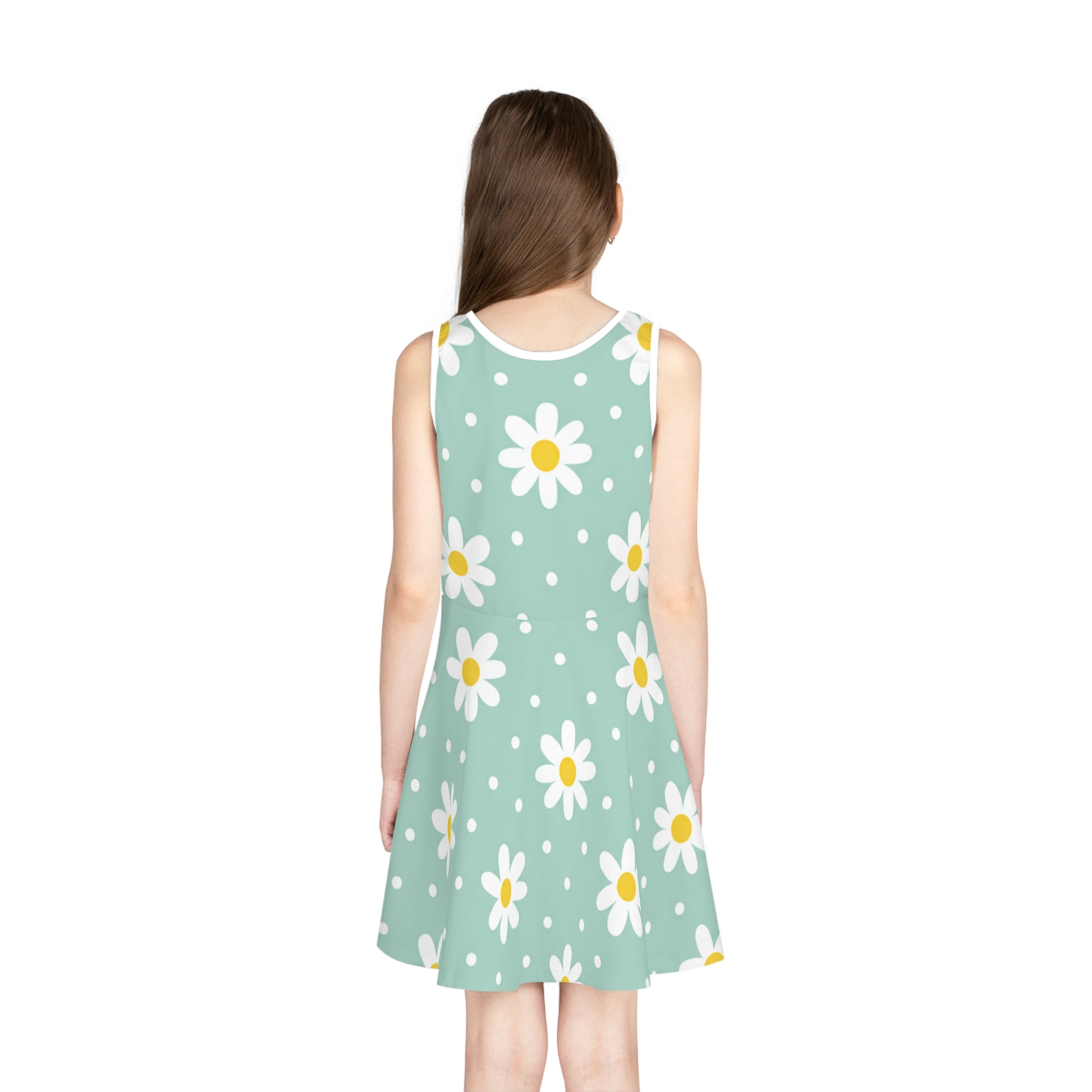 Girls Mint Daisy Polka Dot Sundress – Cute Kids Sleeveless Floral Dress for Summer Seam thread color automatically matched to design