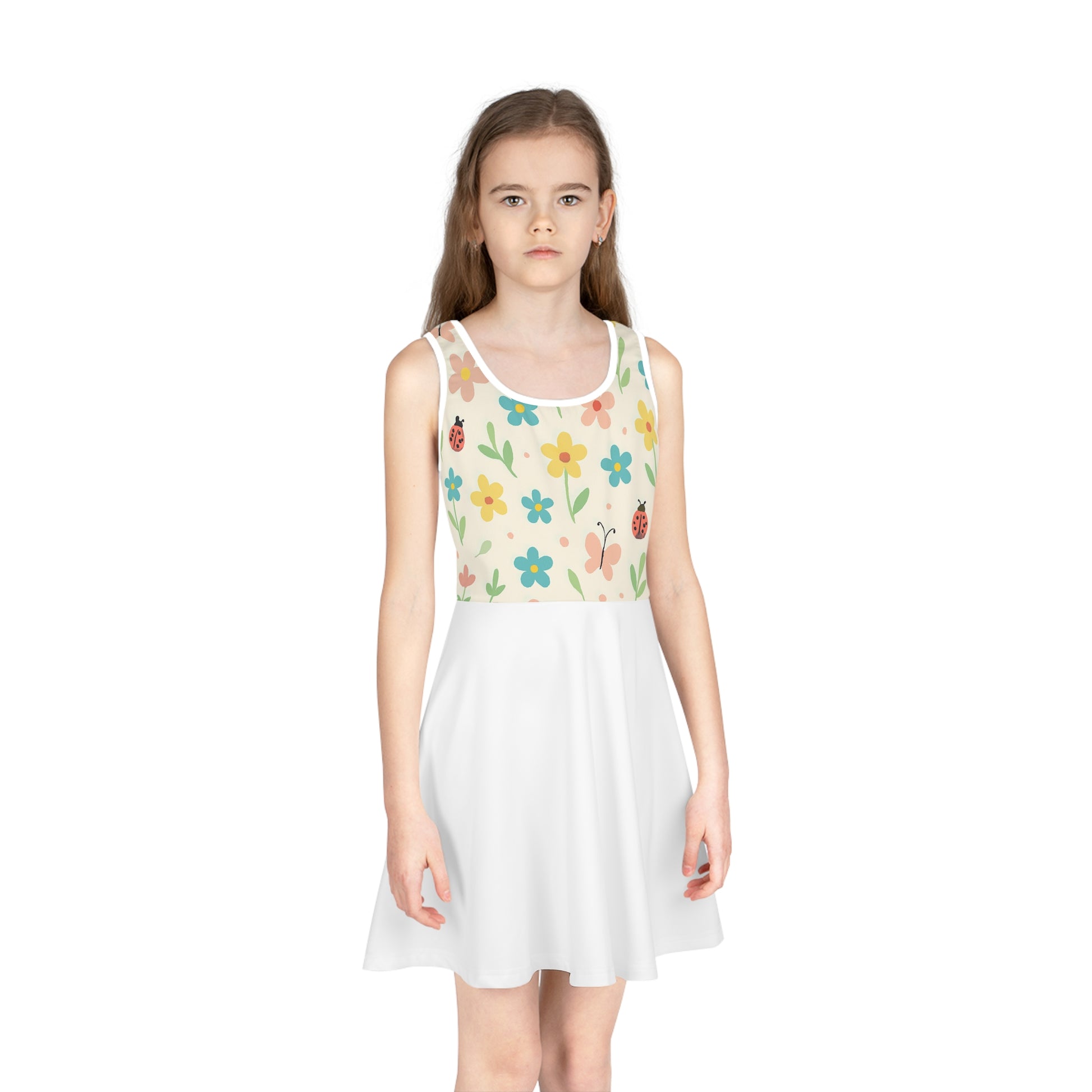 Girls’ Floral Ladybug Sundress – Sleeveless Twirl Dress for Spring & Summer | Garden Party Kids Dress Seam thread color automatically matched to design