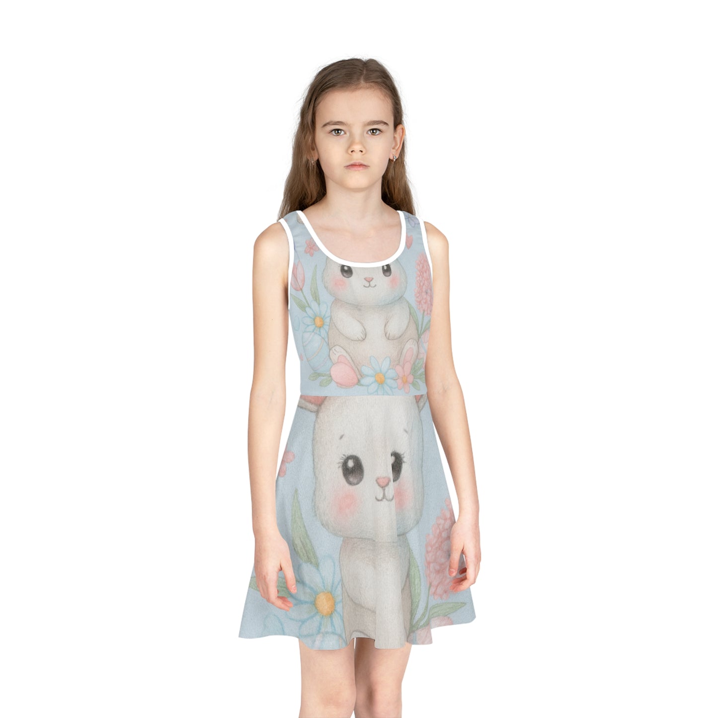 Girls Cute Bunny Floral Sundress – Sleeveless Easter Dress for Toddlers & Kids | Spring Garden Party Seam thread color automatically matched to design