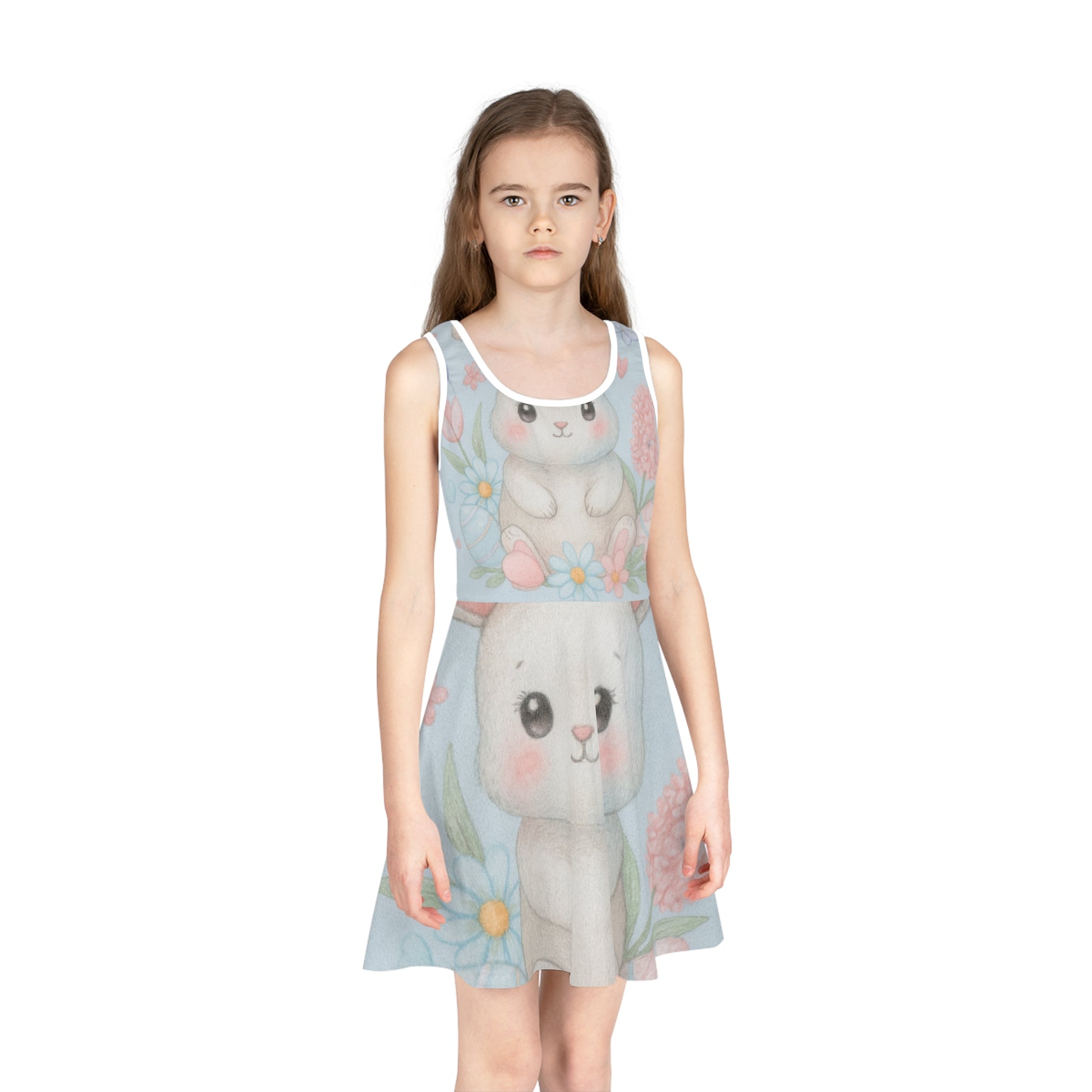 Girls Cute Bunny Floral Sundress – Sleeveless Easter Dress for Toddlers & Kids | Spring Garden Party Seam thread color automatically matched to design