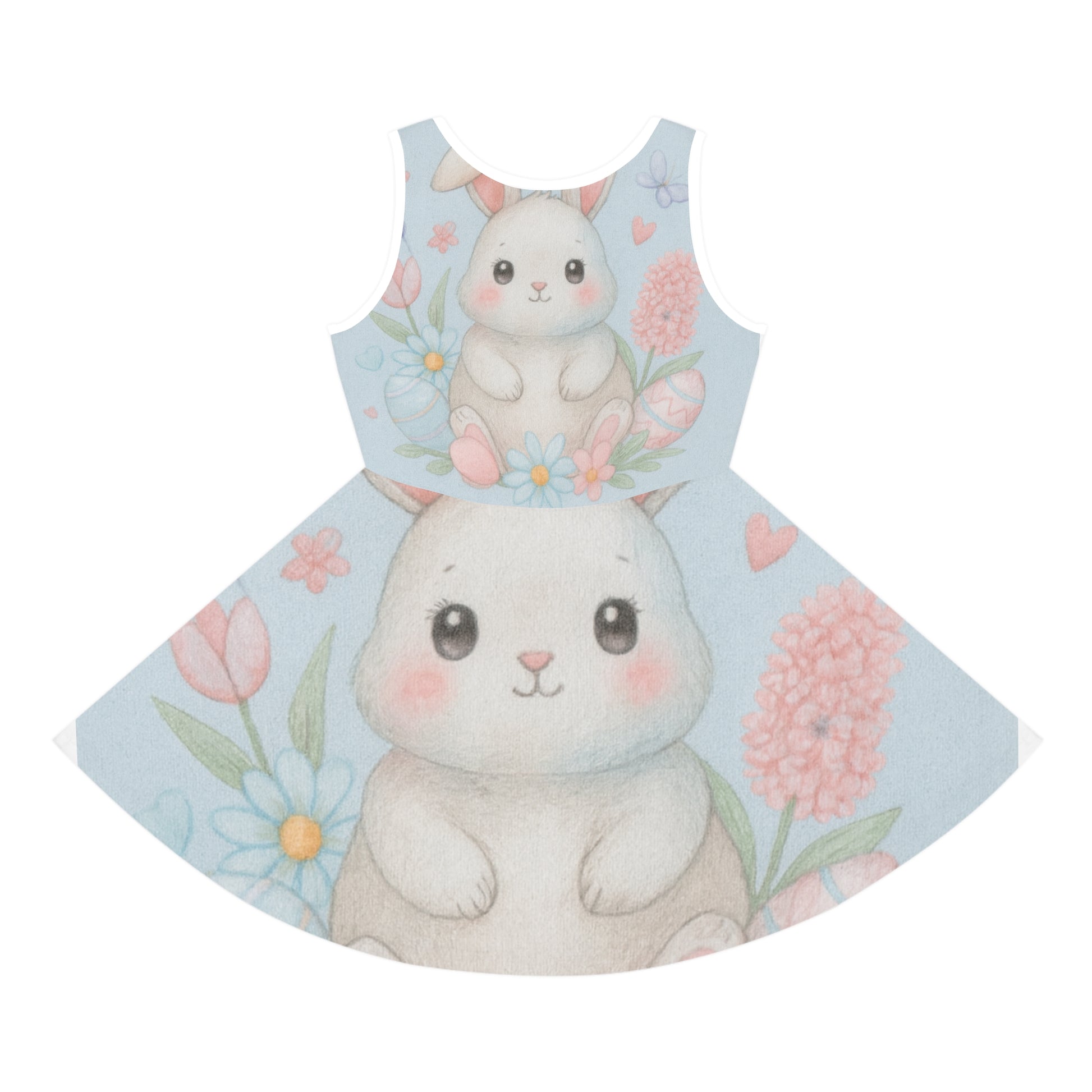 Girls Cute Bunny Floral Sundress – Sleeveless Easter Dress for Toddlers & Kids | Spring Garden Party Seam thread color automatically matched to design