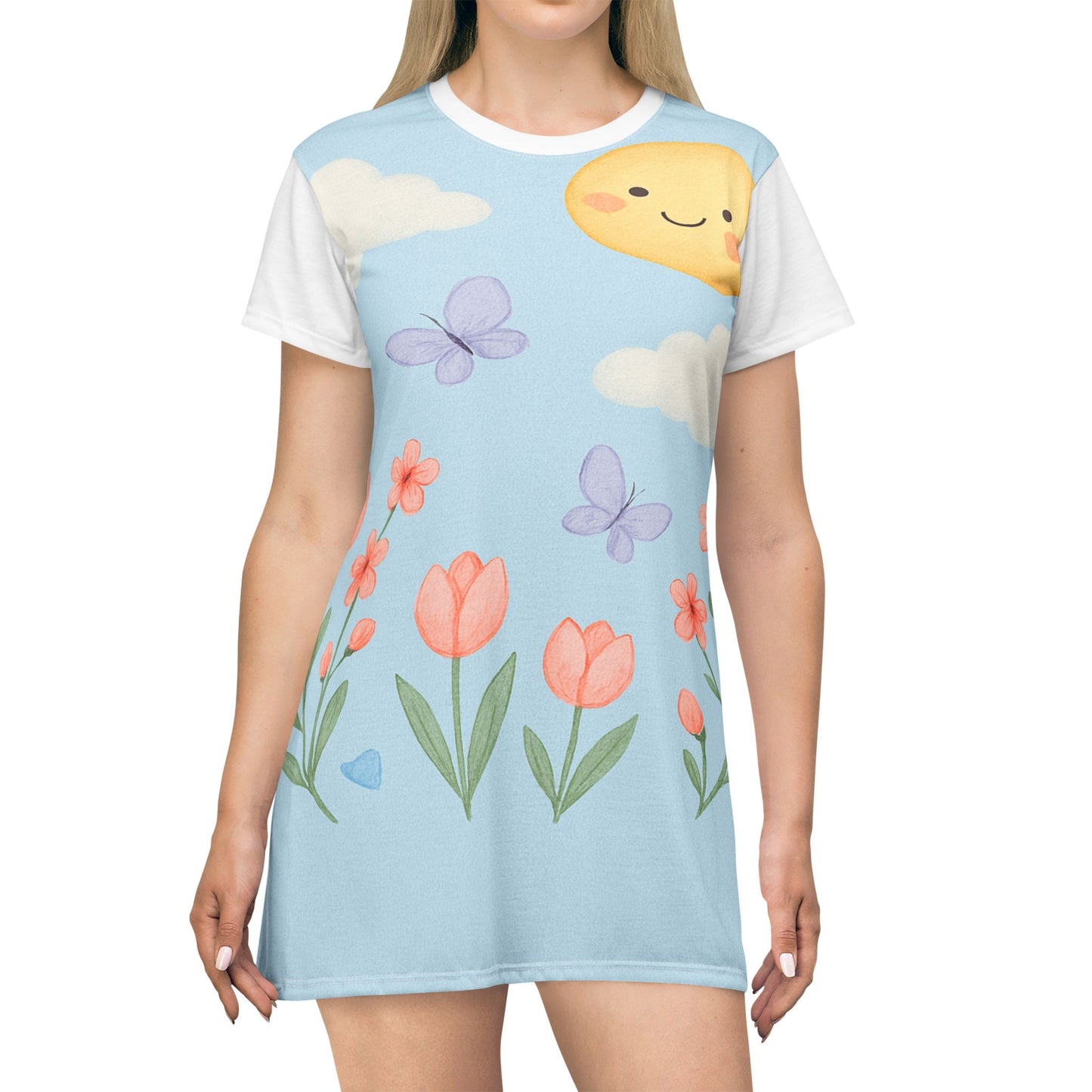 Sunny Spring Floral T‑Shirt Dress – Cute Sun, Butterflies & Tulips All-Over Print | Light Spring & Summer Dress