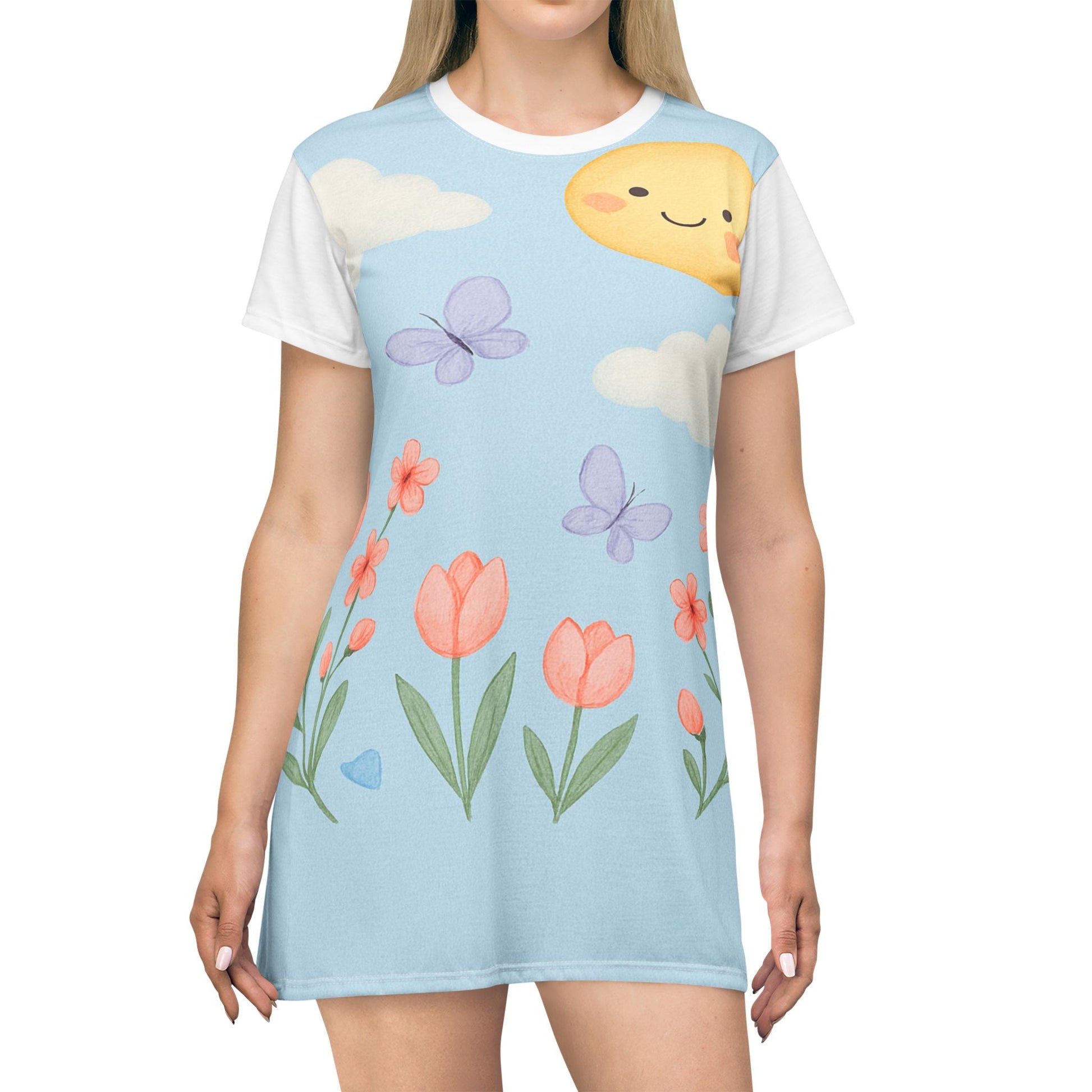 Sunny Spring Floral T‑Shirt Dress – Cute Sun, Butterflies & Tulips All-Over Print | Light Spring & Summer Dress