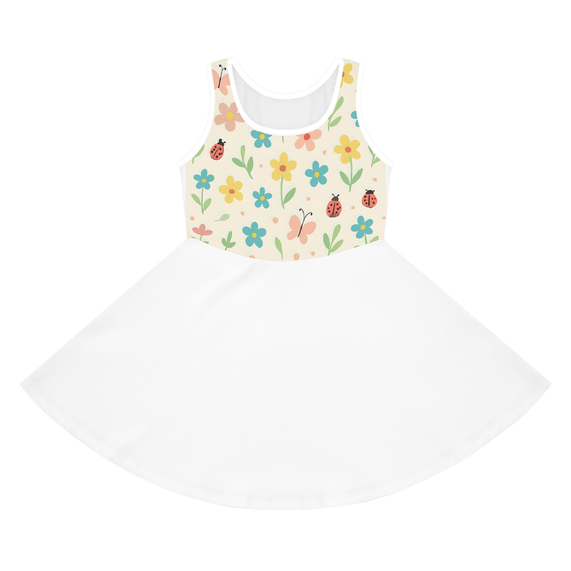 Girls’ Floral Ladybug Sundress – Sleeveless Twirl Dress for Spring & Summer | Garden Party Kids Dress Seam thread color automatically matched to design