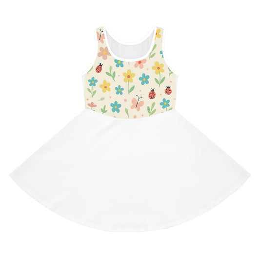 Girls’ Floral Ladybug Sundress – Sleeveless Twirl Dress for Spring & Summer | Garden Party Kids Dress Seam thread color automatically matched to design