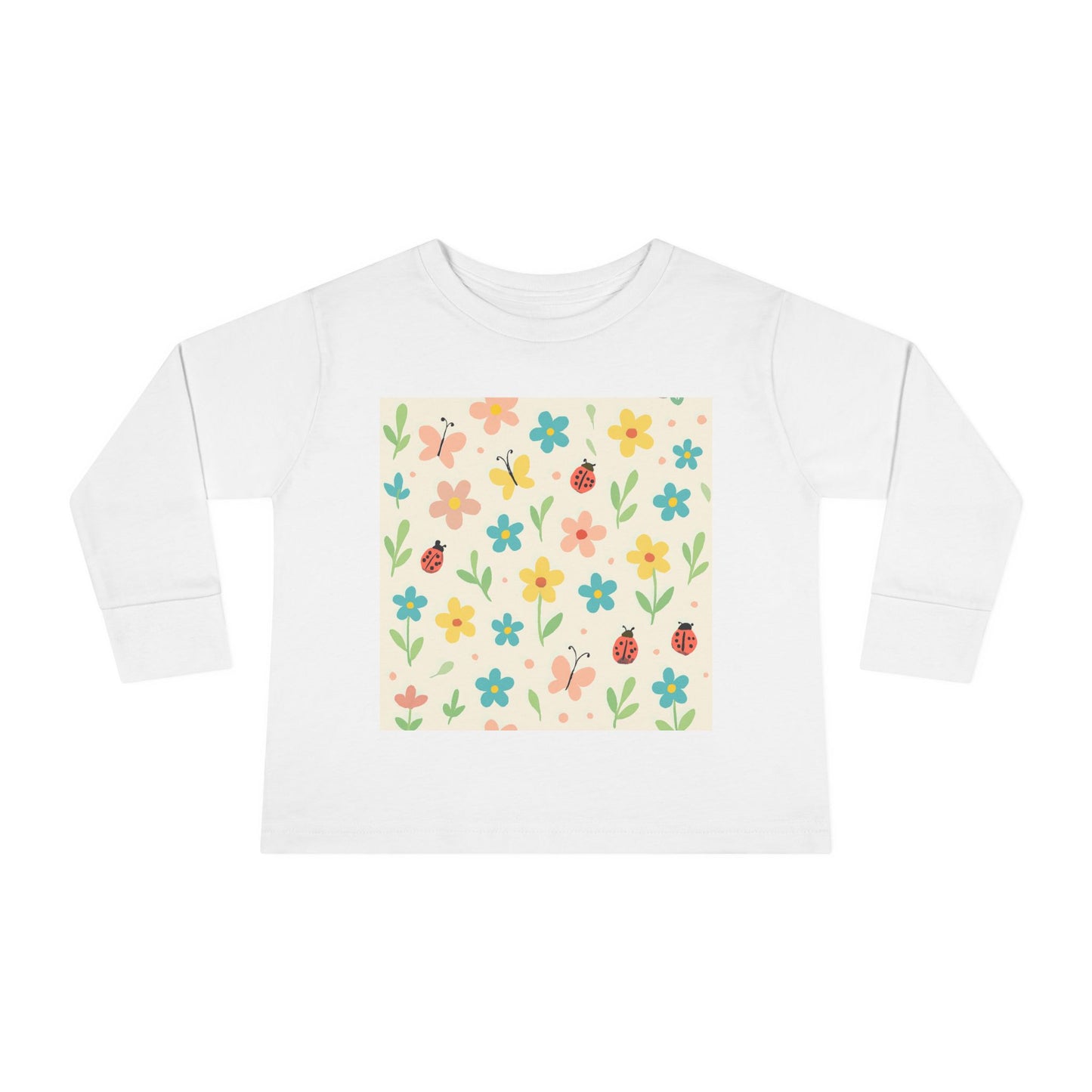 Toddler Long Sleeve Tee – Cute Spring Floral & Ladybug Pattern | Soft Cotton Kids Top for Everyday Wear White