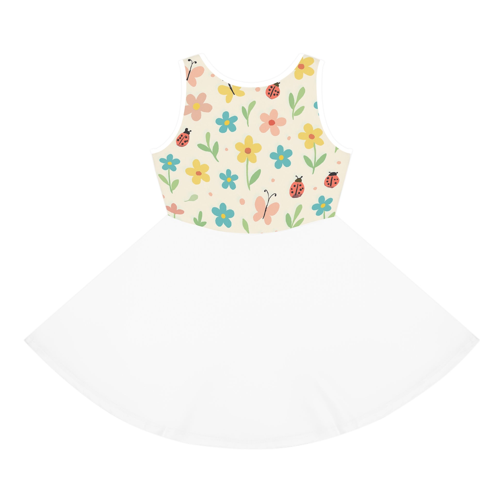 Girls’ Floral Ladybug Sundress – Sleeveless Twirl Dress for Spring & Summer | Garden Party Kids Dress Seam thread color automatically matched to design