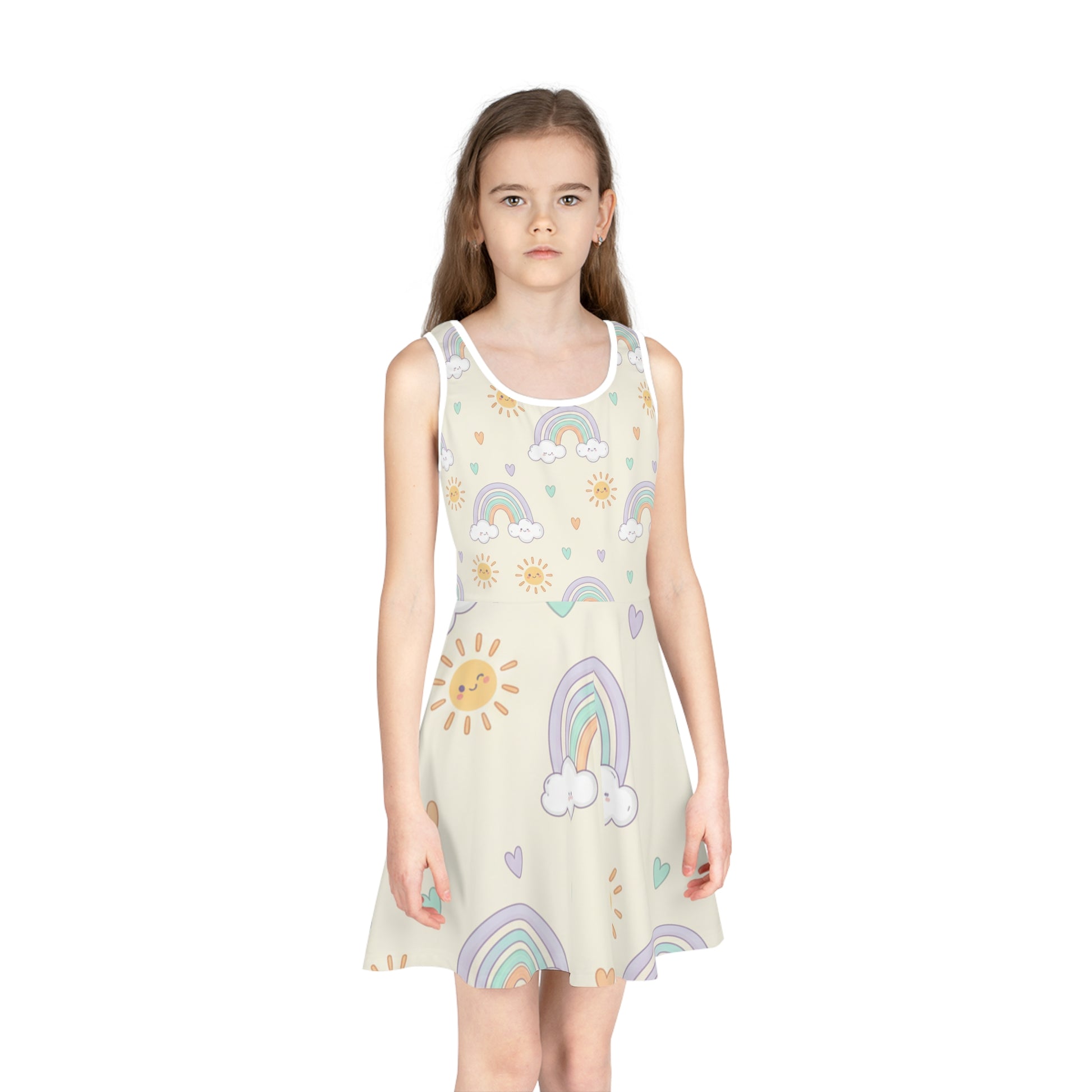 Girls Rainbow Sundress – Cute Kids Pastel Sun & Clouds Twirl Dress for Toddlers & Little Girls Seam thread color automatically matched to design