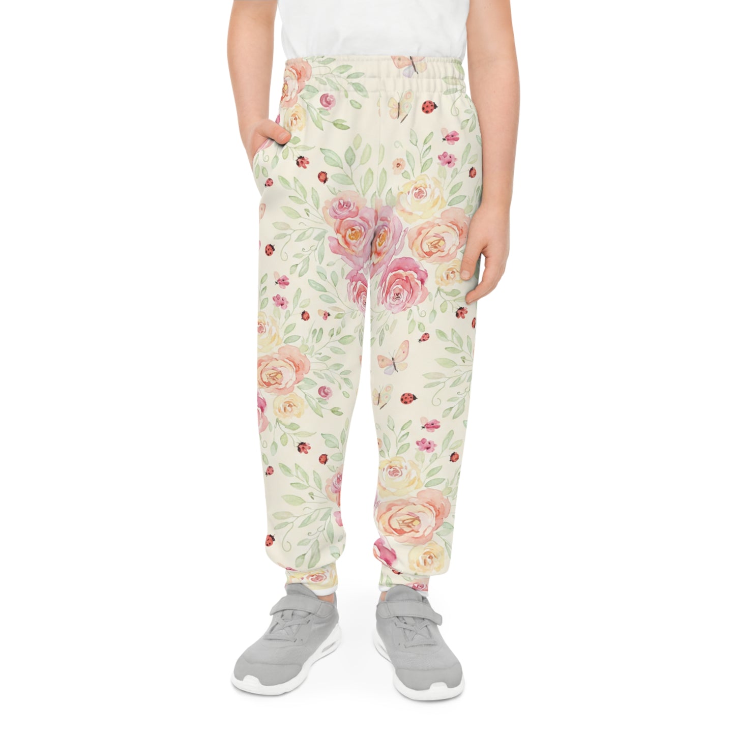 Girls Floral Joggers – Watercolor Roses & Ladybugs All-Over Print Kids Pants for Spring & Play