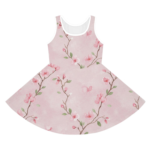 Girls Pink Cherry Blossom Sundress – Cute Kids Sleeveless Twirl Dress for Spring & Easter Seam thread color automatically matched to design