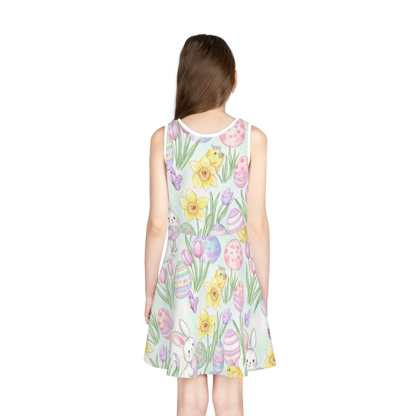 Girls Easter Bunny & Painted Eggs Sundress – Cute Kids Sleeveless Spring Dress with Tulips & Daffodils Seam thread color automatically matched to design