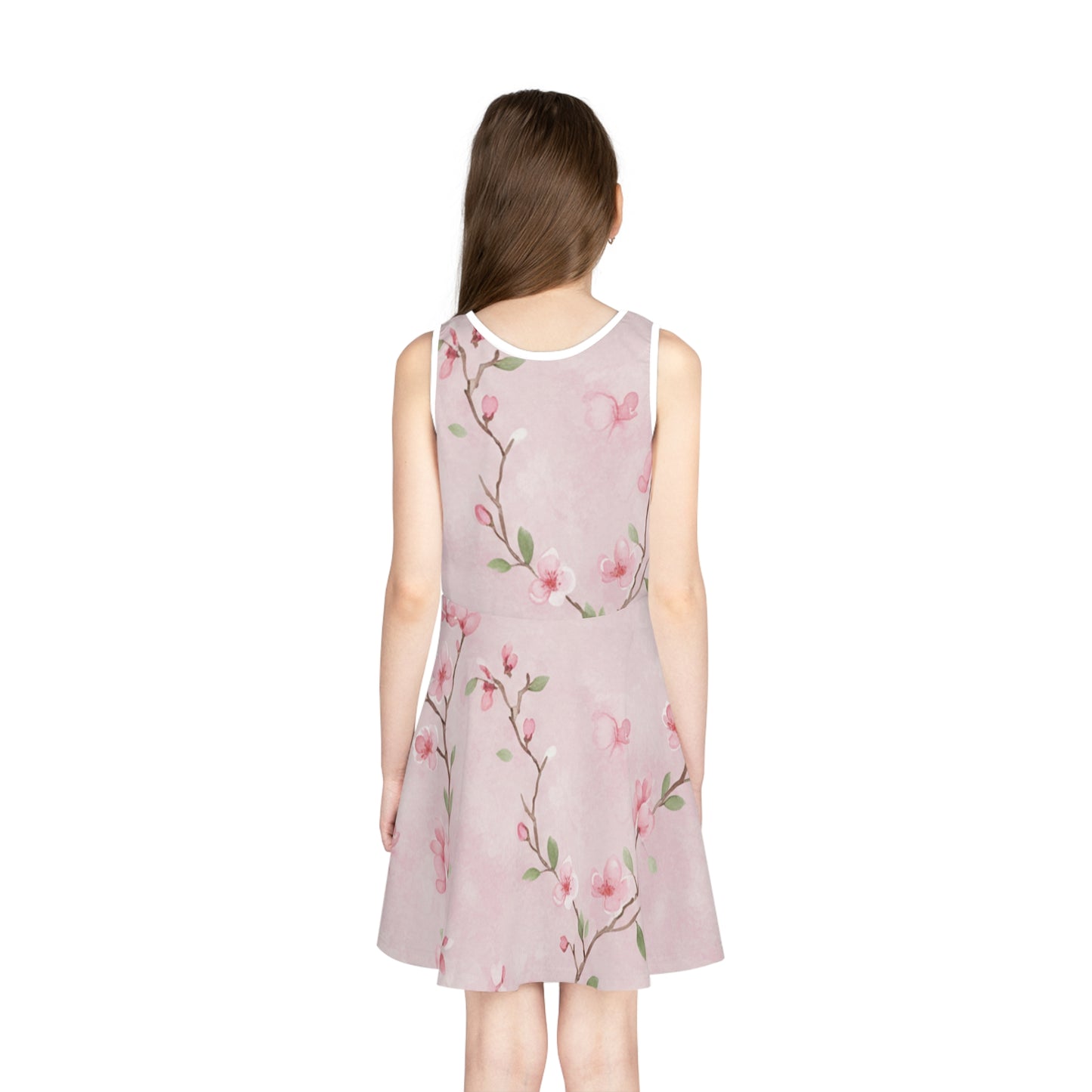 Girls Pink Cherry Blossom Sundress – Cute Kids Sleeveless Twirl Dress for Spring & Easter Seam thread color automatically matched to design