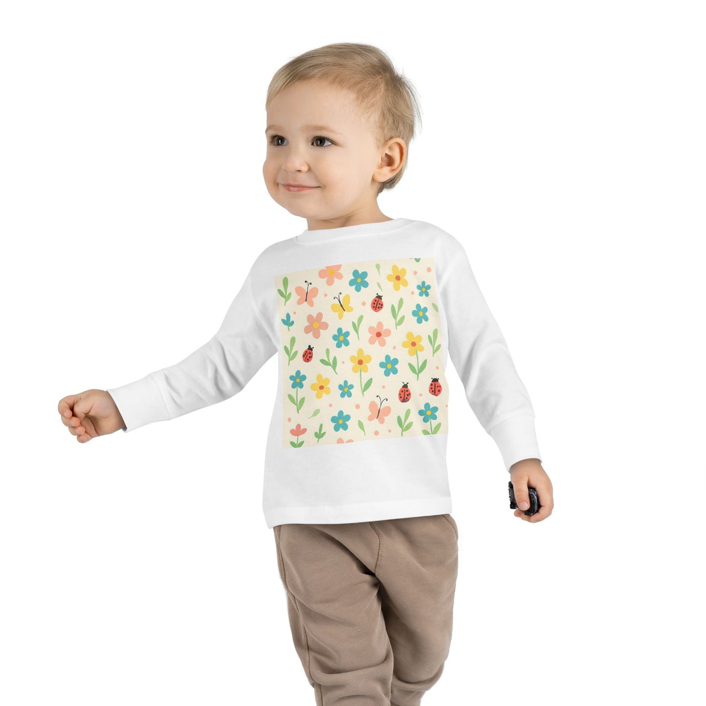 Toddler Long Sleeve Tee – Cute Spring Floral & Ladybug Pattern | Soft Cotton Kids Top for Everyday Wear White