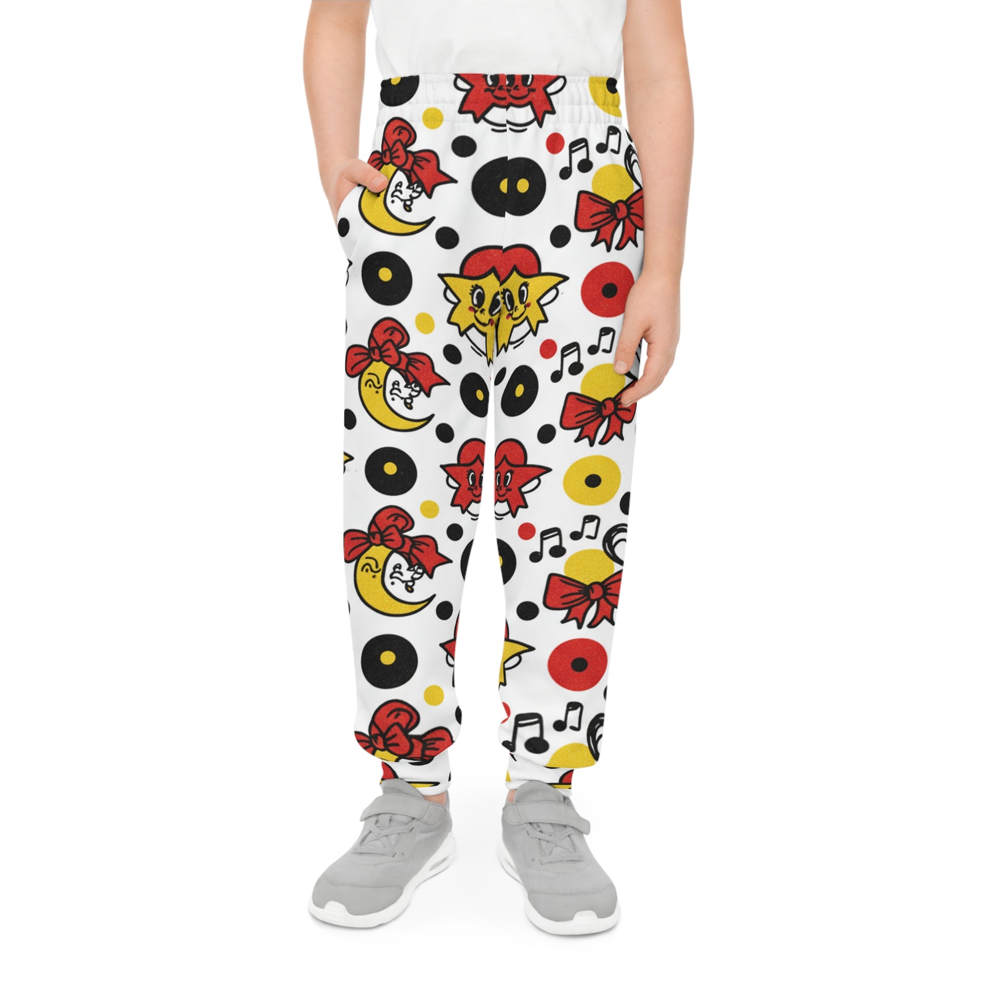 Youth Joggers – Retro Cartoon Records & Music Notes All-Over Print Kids Jogger Pants for Boys & Girls